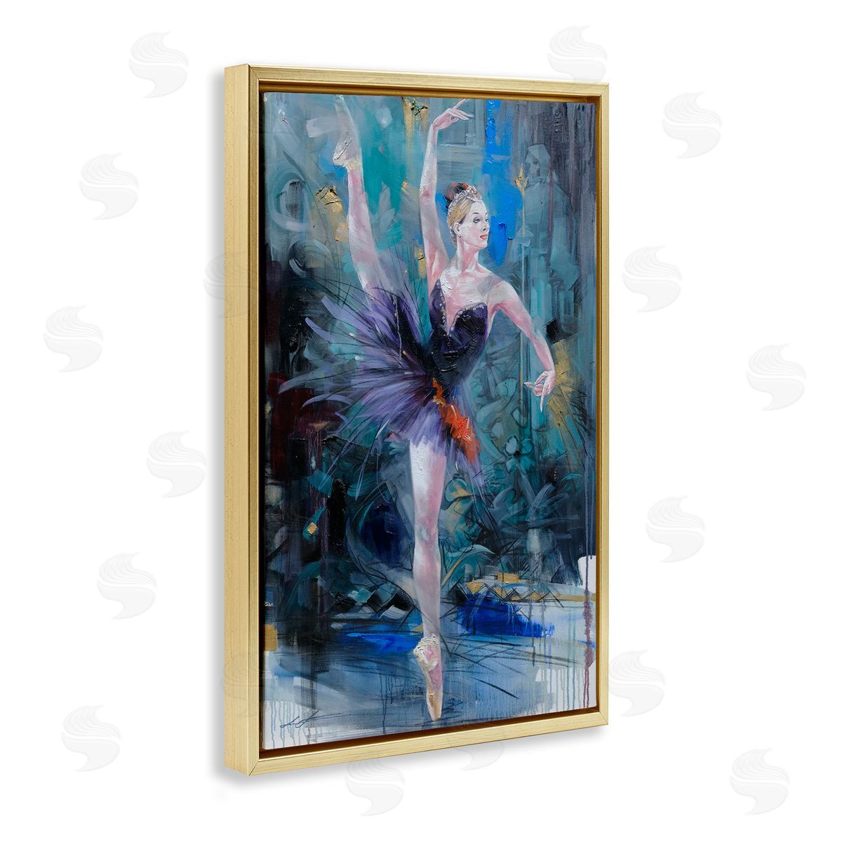 Vivid Ballet Dancer on Blue Gold Floating Frame Canvas Wall Art, Home Decor by Lucille Lee