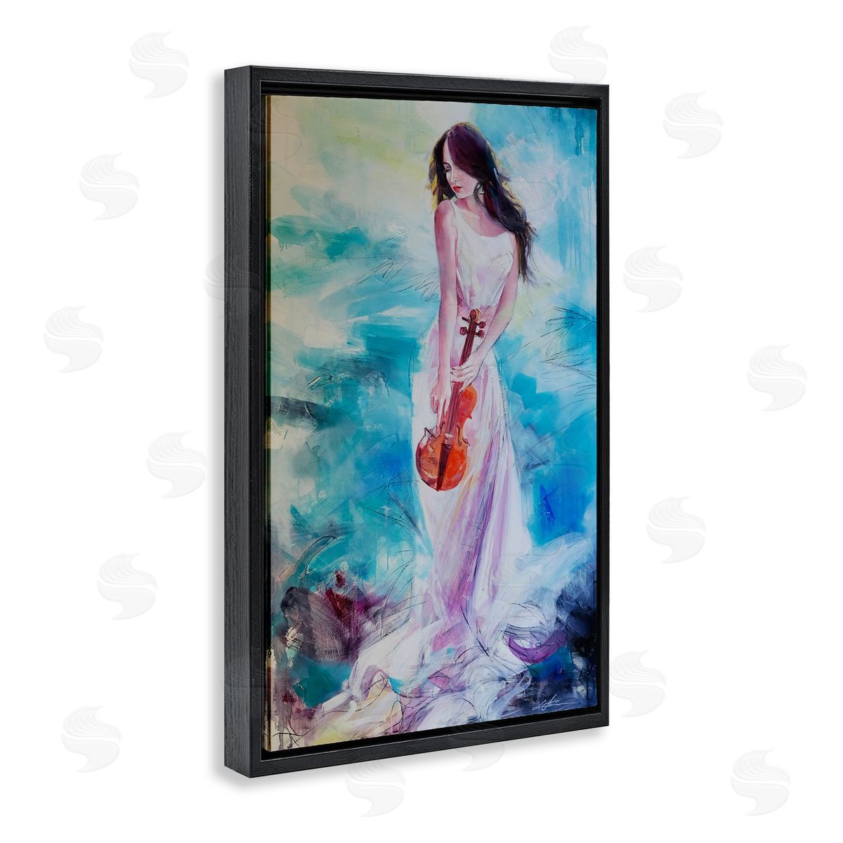 Elegant Woman with Violin Black Floating Frame Canvas Wall Art, Home Decor by Lucille Lee