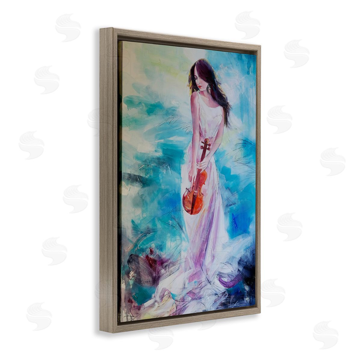 Elegant Woman with Violin Brown Floating Frame Canvas Wall Art, Home Decor by Lucille Lee