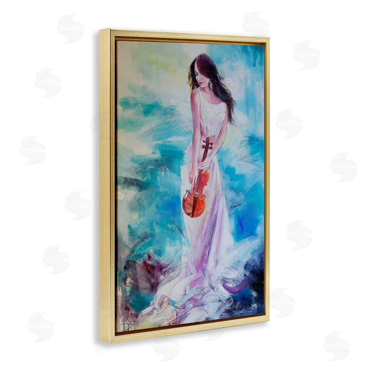 Elegant Woman with Violin Gold Floating Frame Canvas Wall Art, Home Decor by Lucille Lee