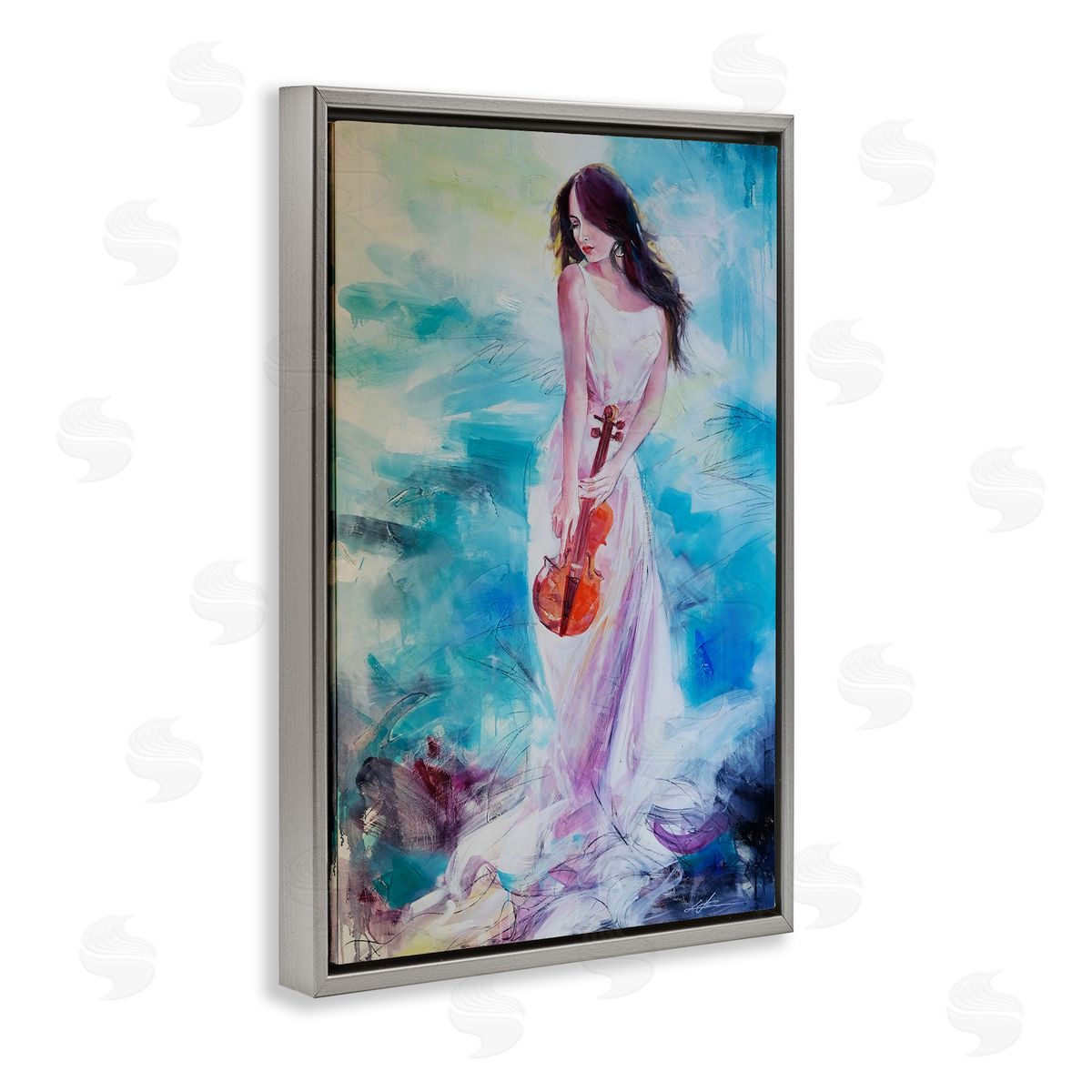 Elegant Woman with Violin Grey Floating Frame Canvas Wall Art, Home Decor by Lucille Lee