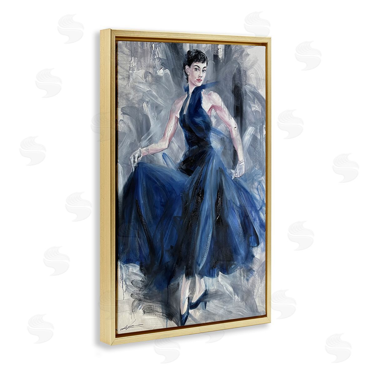 Stylish Woman in Blue Dress Gold Floating Frame Canvas Wall Art, Home Decor by Lucille Lee