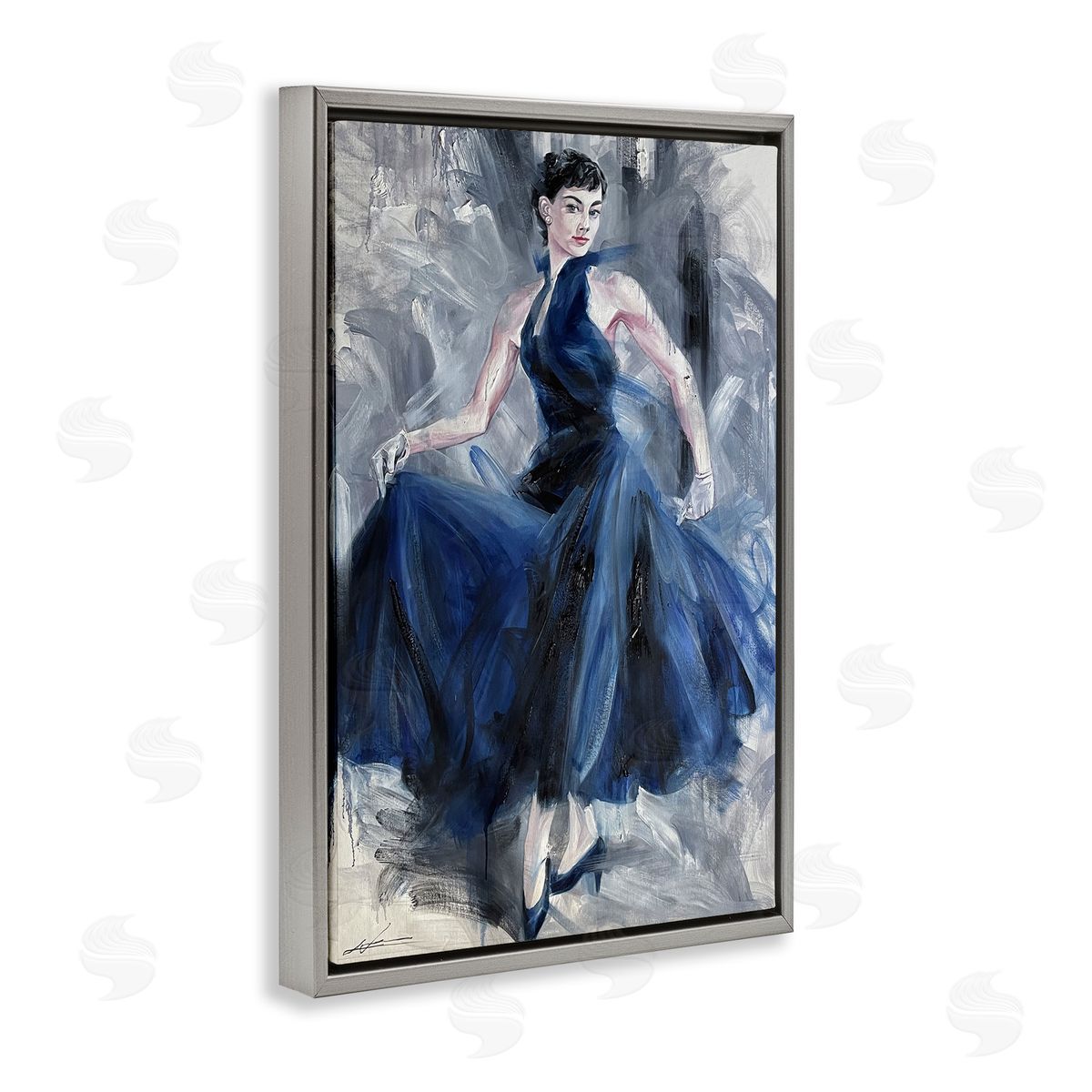 Stylish Woman in Blue Dress Grey Floating Frame Canvas Wall Art, Home Decor by Lucille Lee