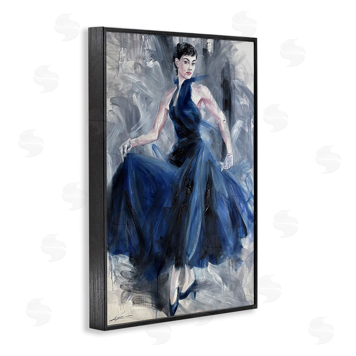 Stylish Woman in Blue Dress Black Frame Print Wall Art, Home Decor by Lucille Lee