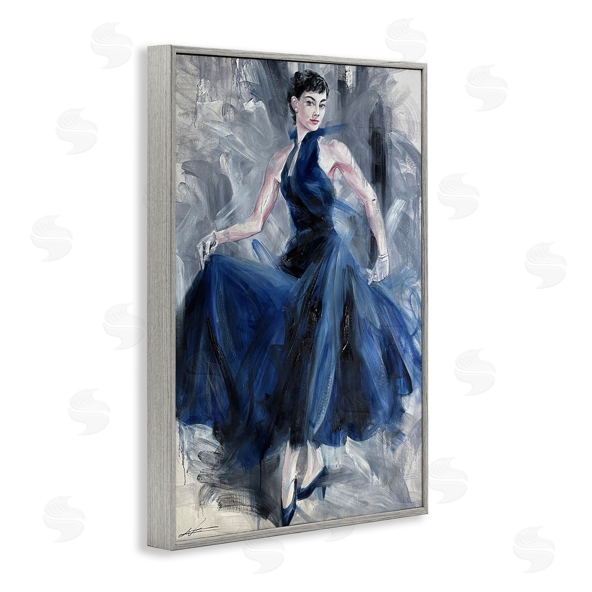 Stylish Woman in Blue Dress Grey Frame Print Wall Art, Home Decor by Lucille Lee