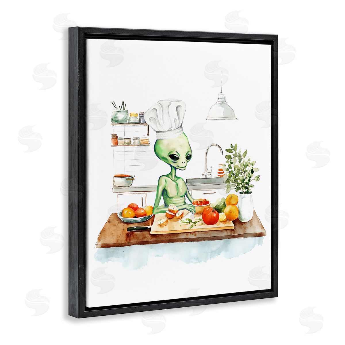 Chef Alien in Kitchen Black Floating Frame Canvas Wall Art, Home Decor by Stupell Studio