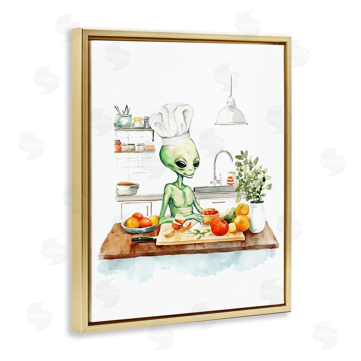 Chef Alien in Kitchen Gold Floating Frame Canvas Wall Art, Home Decor by Stupell Studio