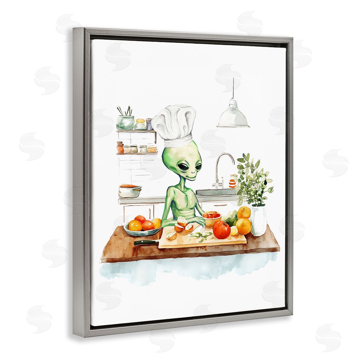 Chef Alien in Kitchen Grey Floating Frame Canvas Wall Art, Home Decor by Stupell Studio