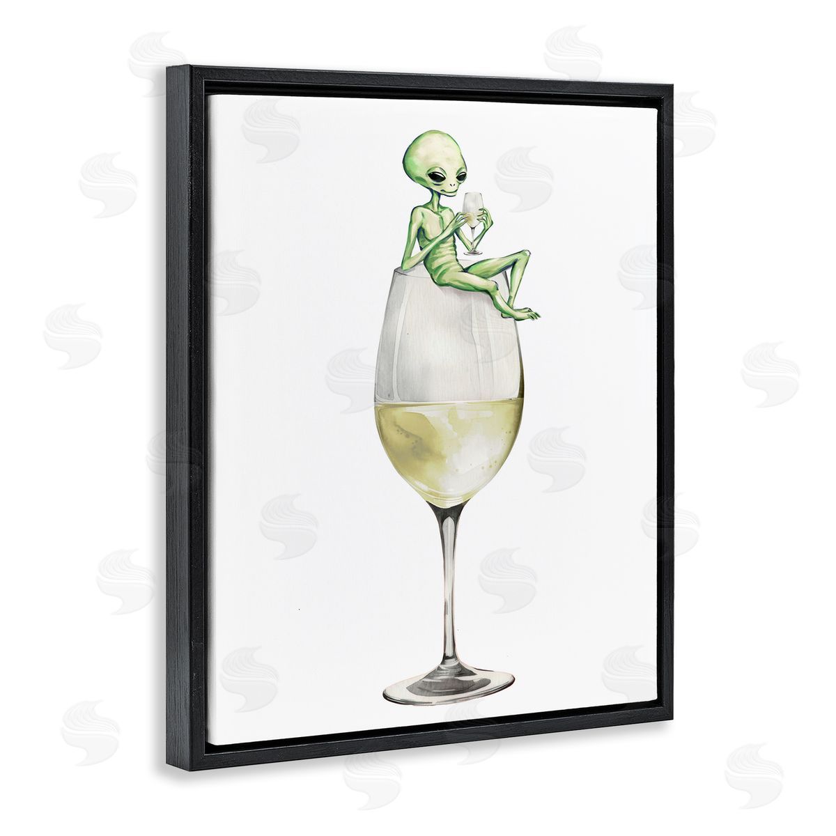 Alien Perched on Champagne Glass Black Floating Frame Canvas Wall Art, Home Decor by Stupell Studio