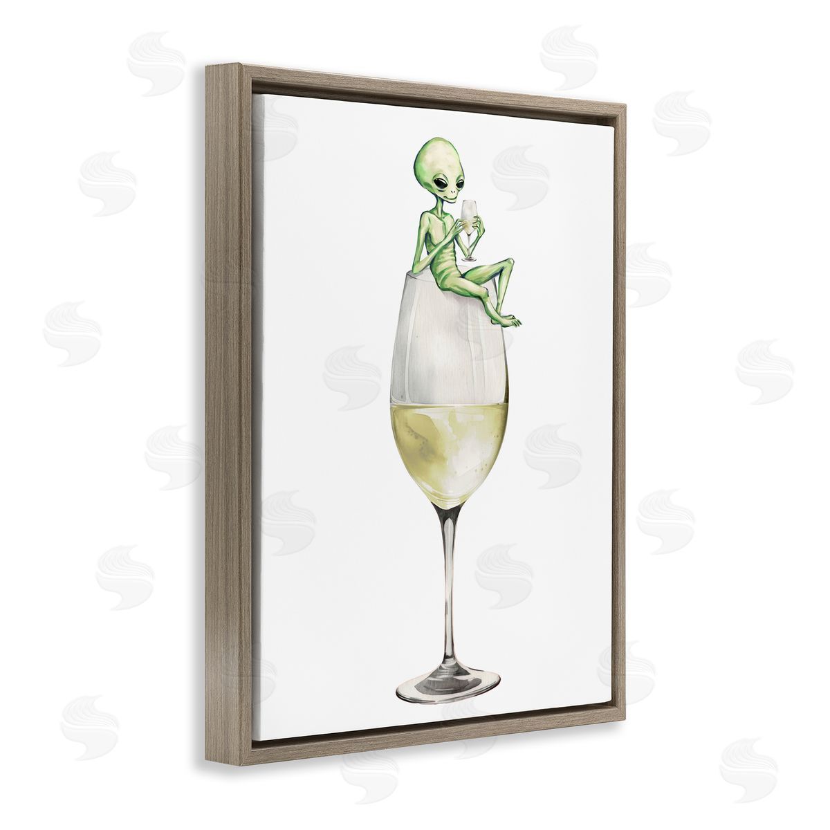 Alien Perched on Champagne Glass Brown Floating Frame Canvas Wall Art, Home Decor by Stupell Studio