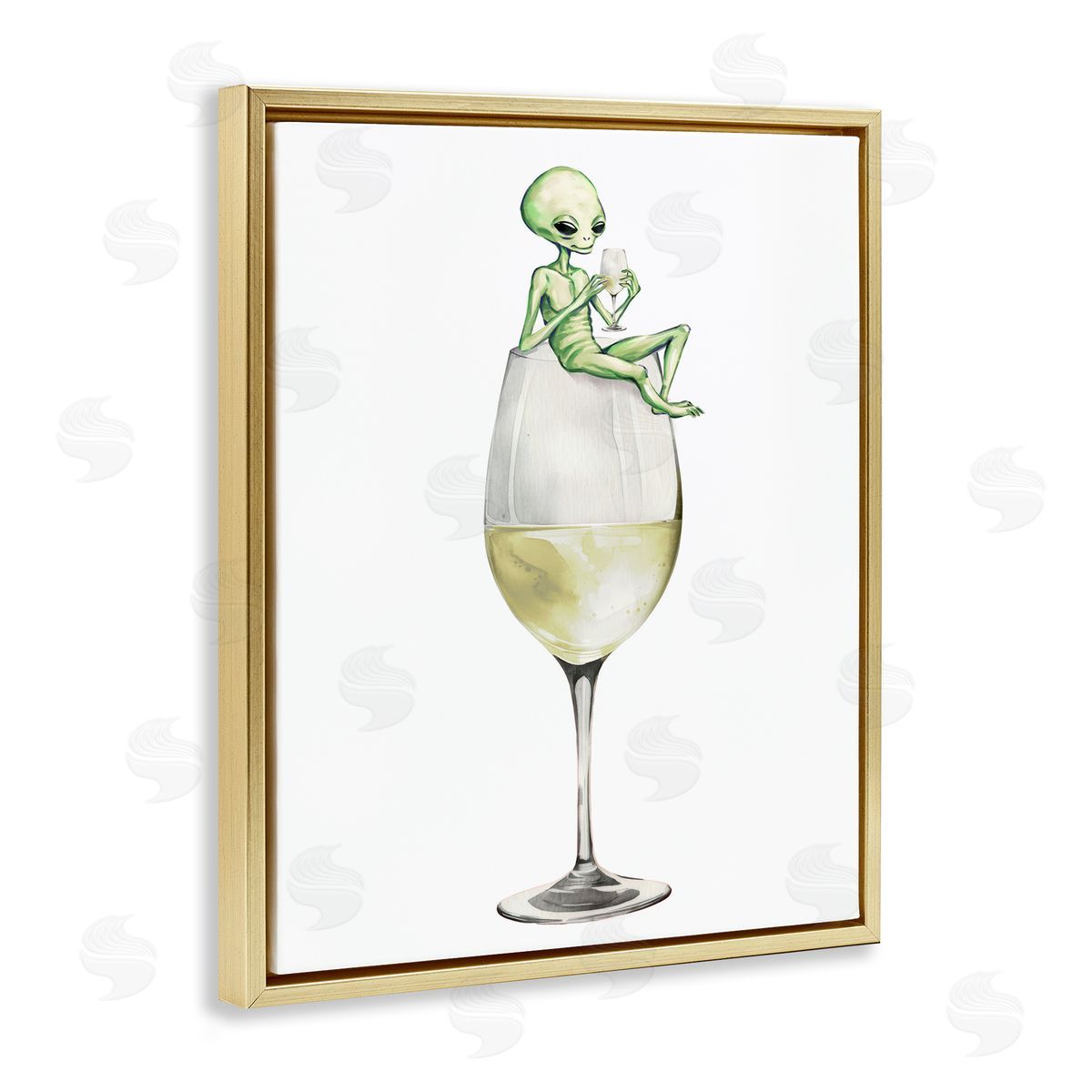 Alien Perched on Champagne Glass Gold Floating Frame Canvas Wall Art, Home Decor by Stupell Studio