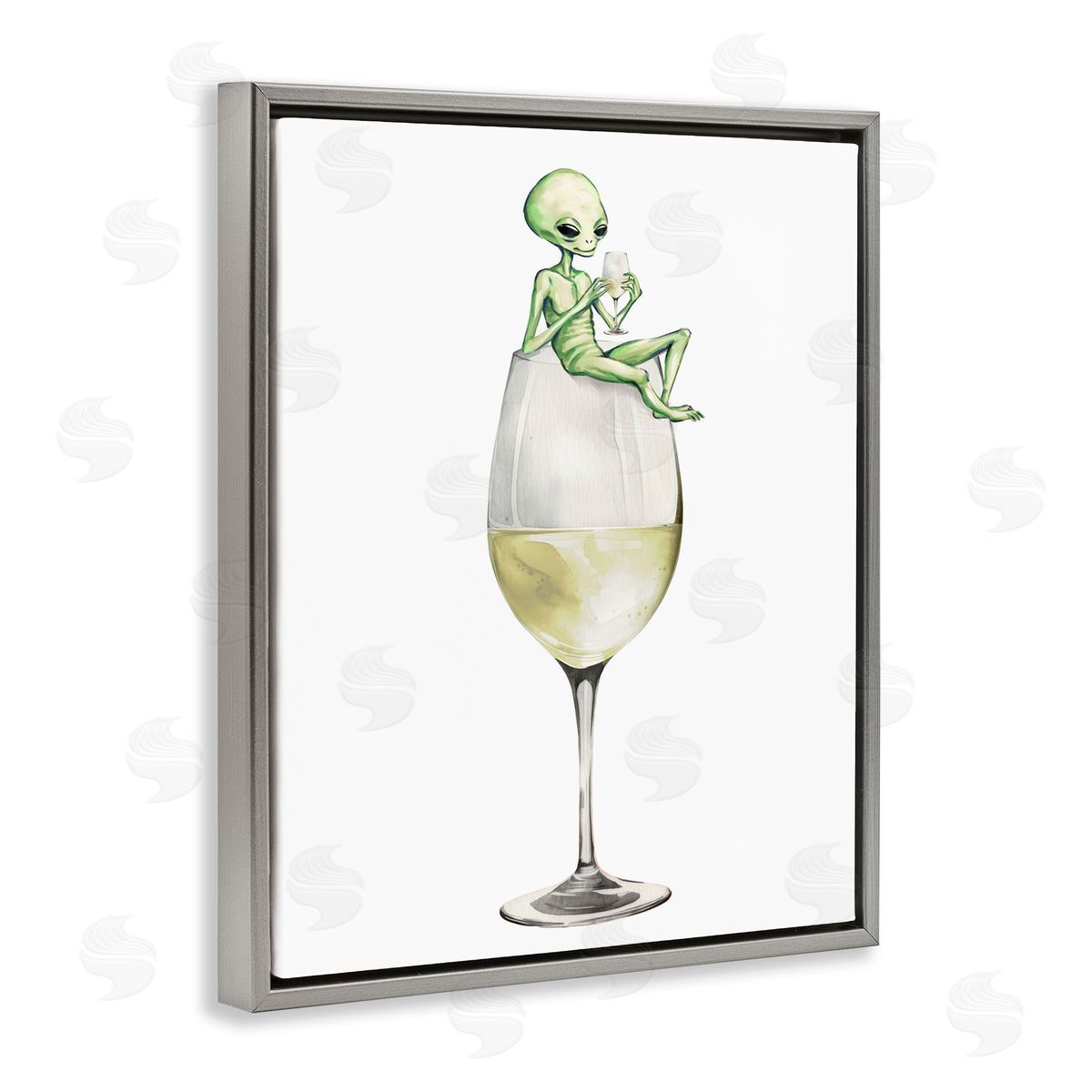 Alien Perched on Champagne Glass Grey Floating Frame Canvas Wall Art, Home Decor by Stupell Studio
