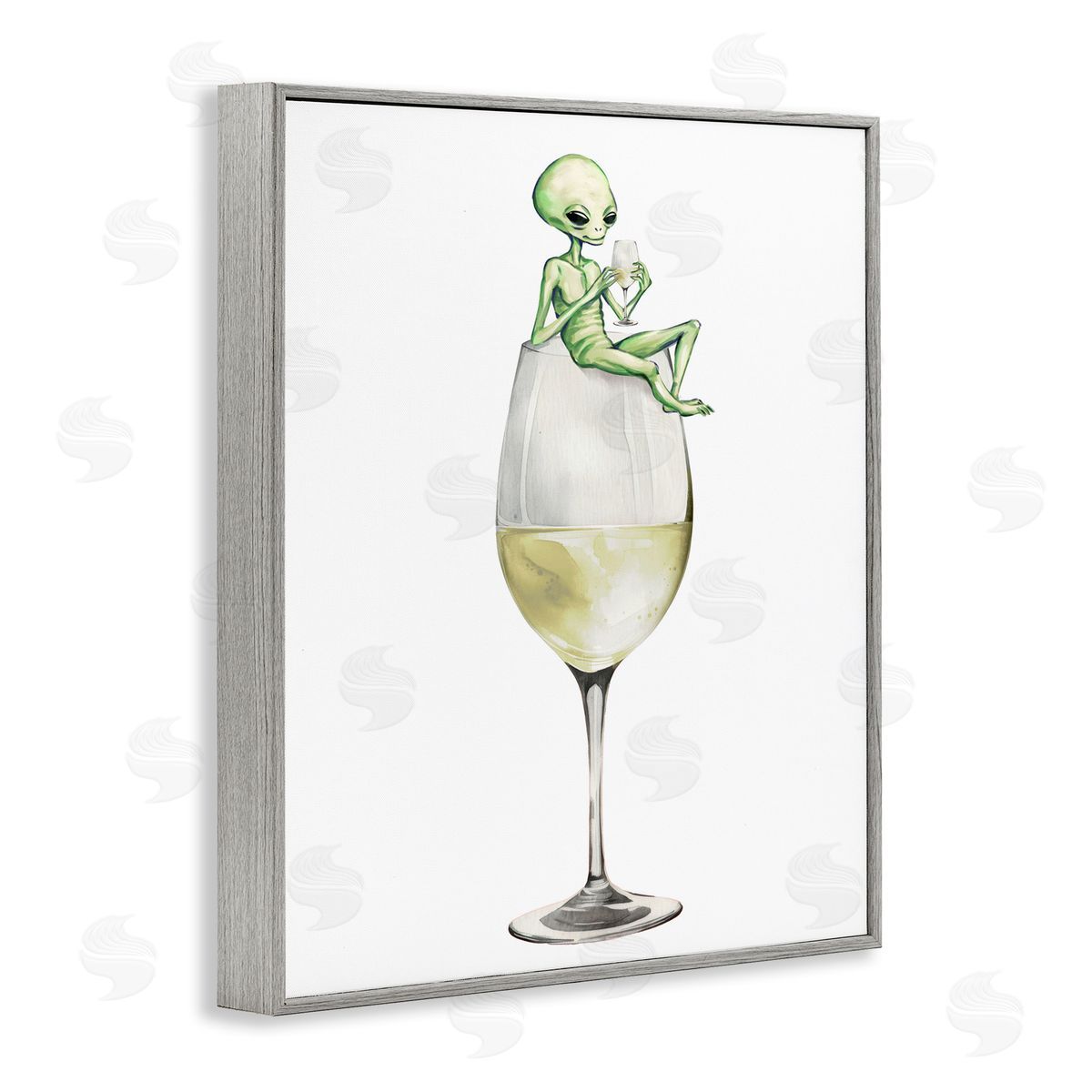 Alien Perched on Champagne Glass Grey Frame Print Wall Art, Home Decor by Stupell Studio