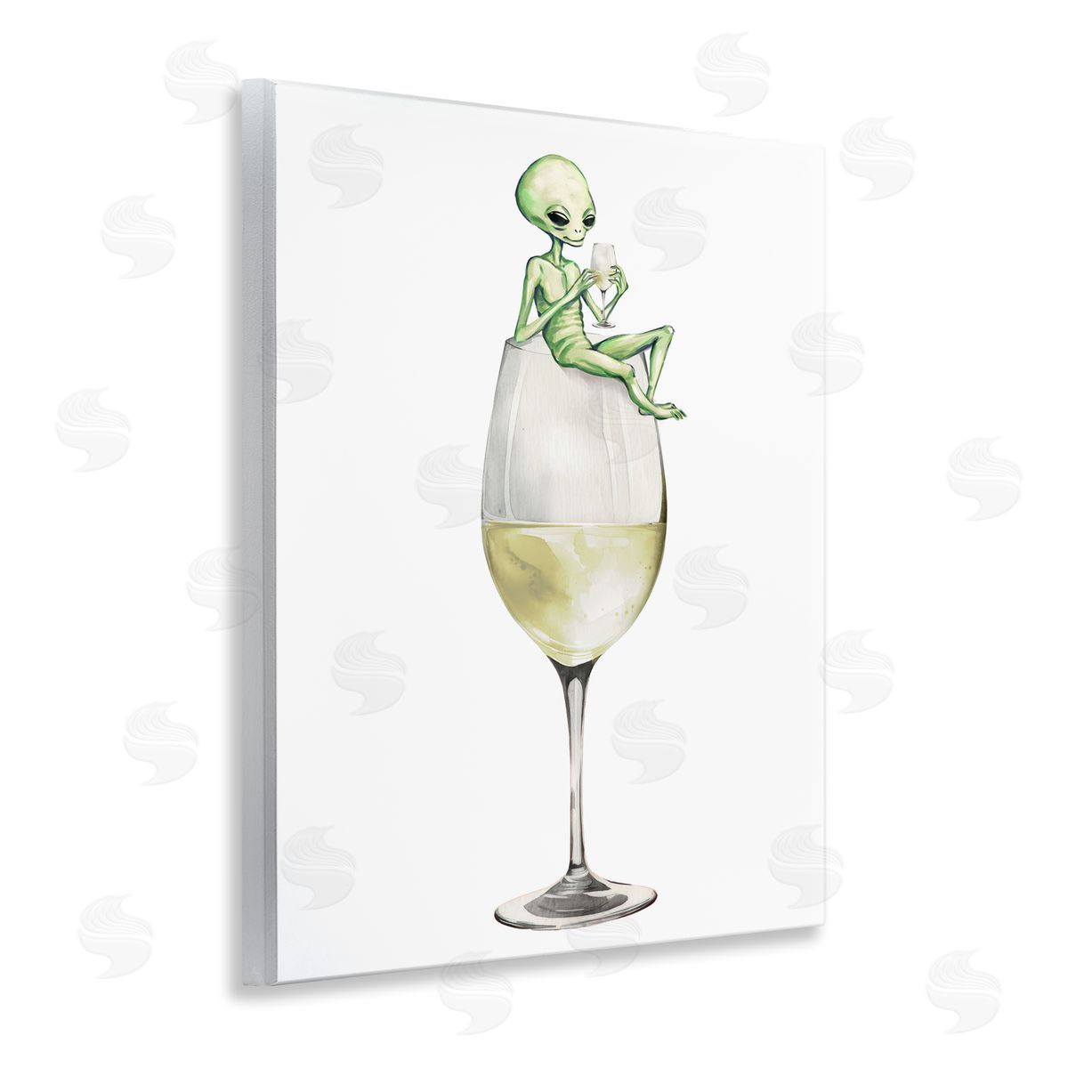 Alien Perched on Champagne Glass Wood Plaque Wall Art, Home Decor by Stupell Studio