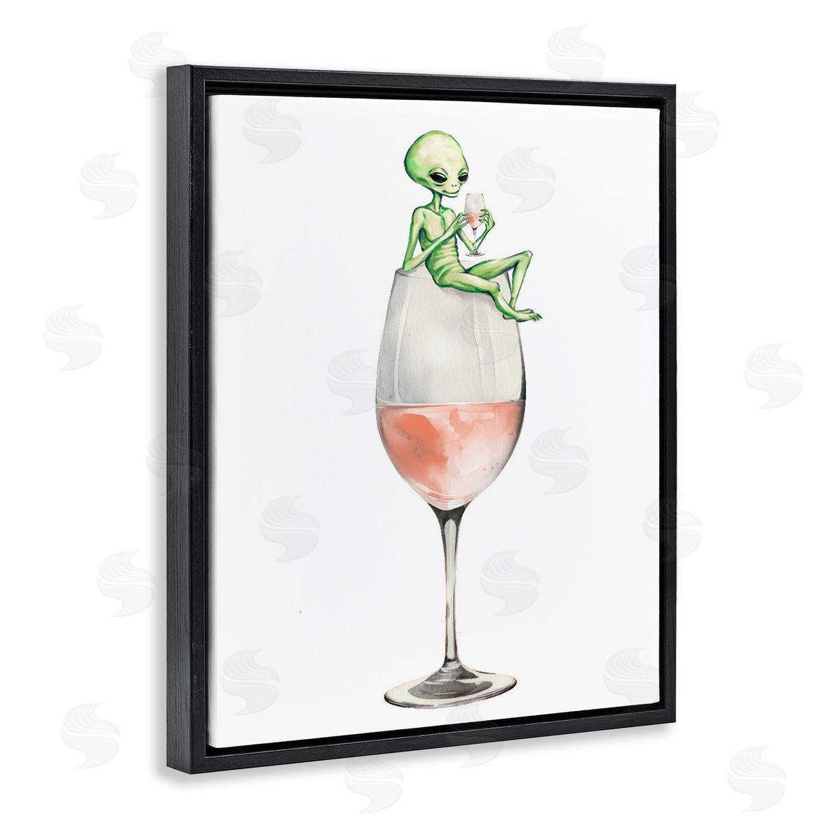 Lounging Alien on Wine Glass Black Floating Frame Canvas Wall Art, Home Decor by Stupell Studio