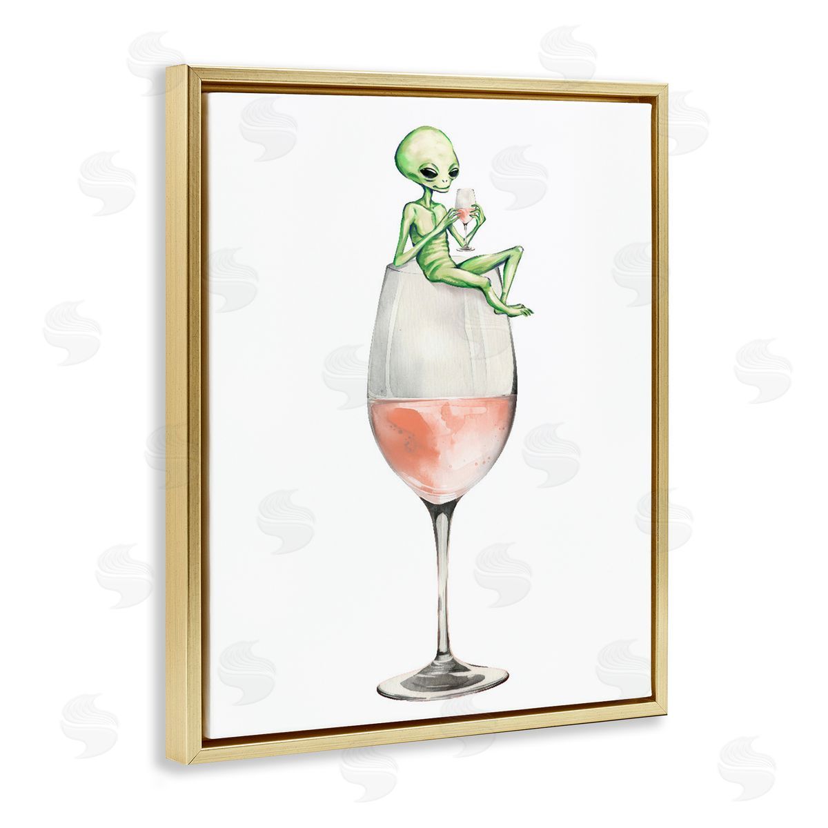 Lounging Alien on Wine Glass Gold Floating Frame Canvas Wall Art, Home Decor by Stupell Studio