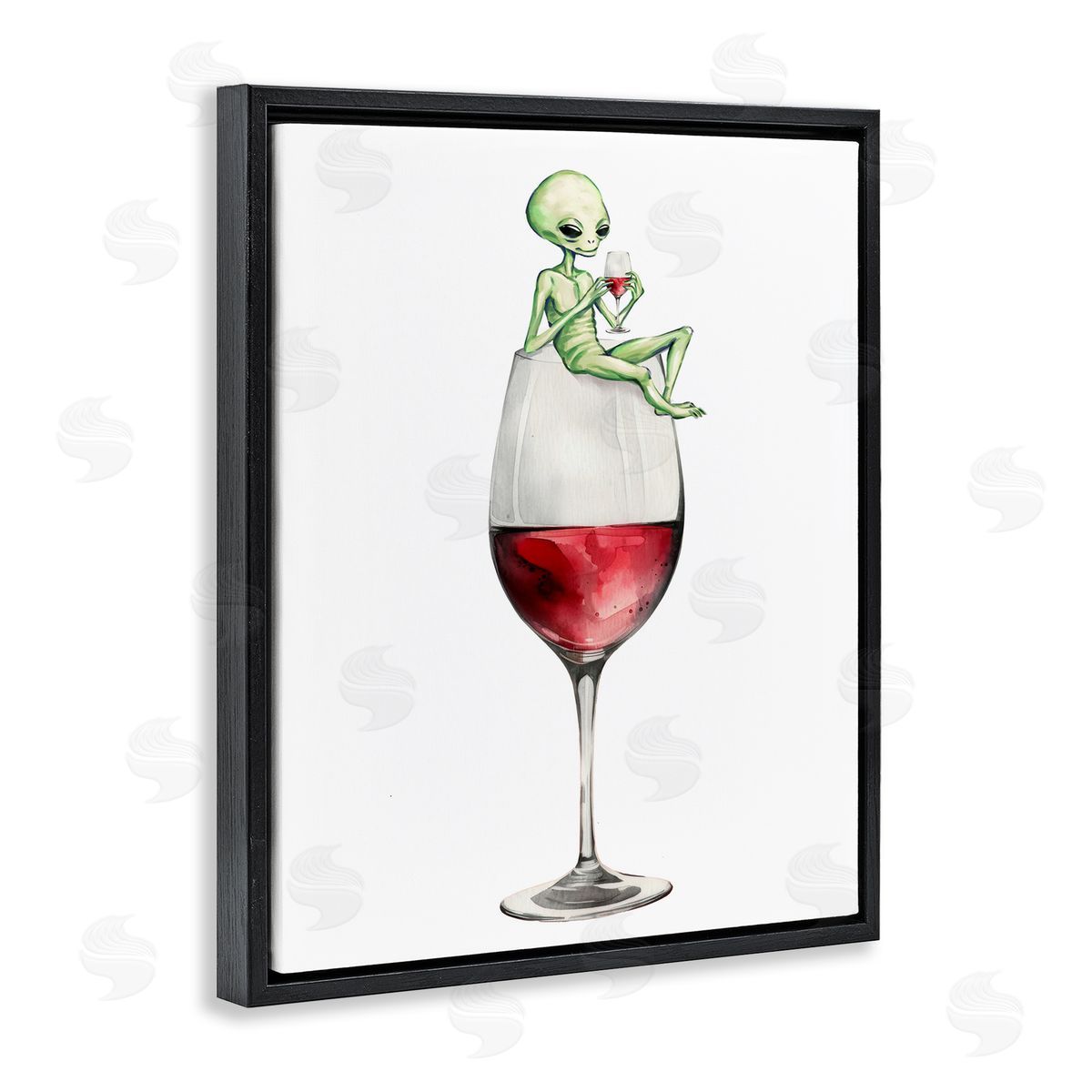Alien Perched on Wine Glass Black Floating Frame Canvas Wall Art, Home Decor by Stupell Studio