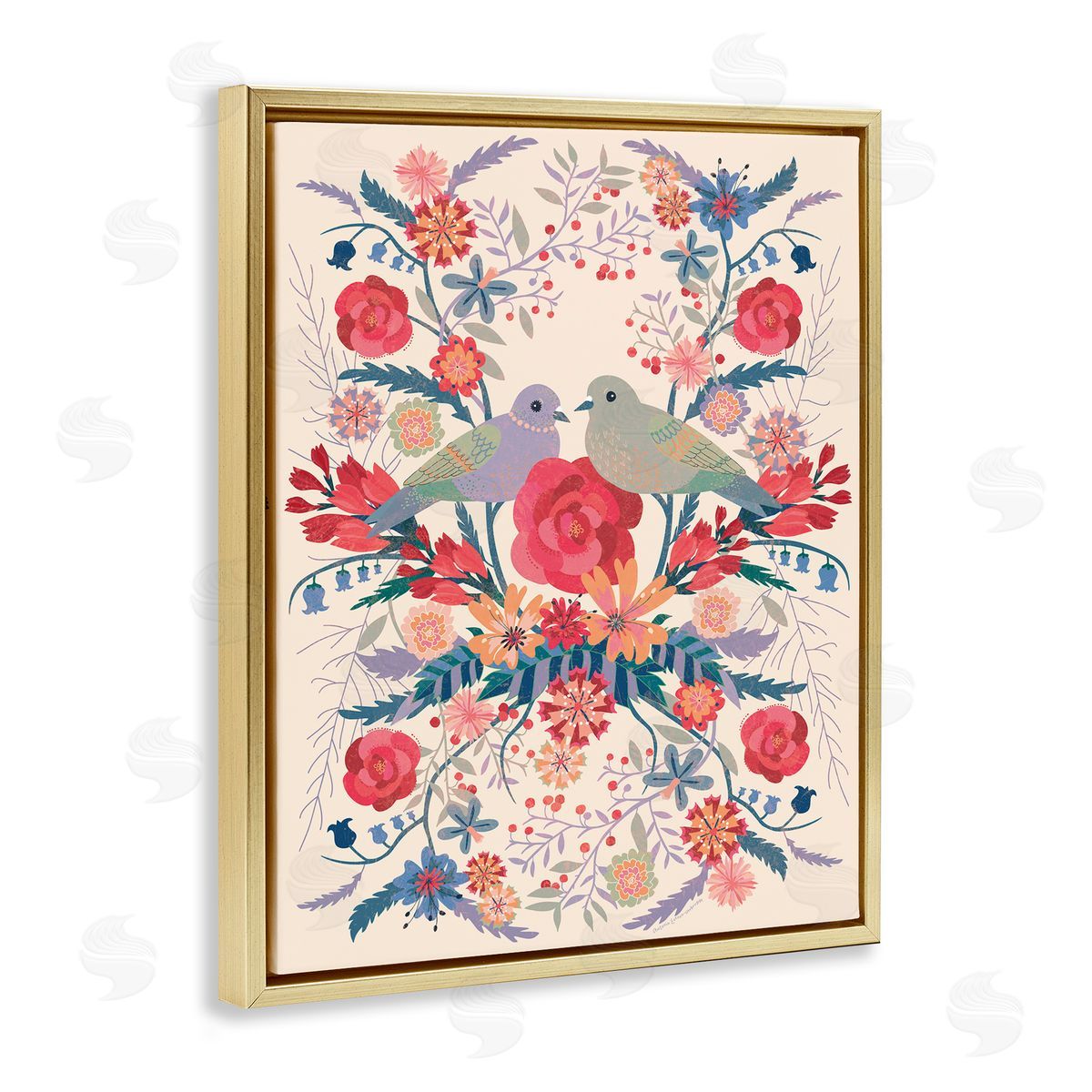 Verbrugge Watercolor Soft Symmetrical Florals & Birds Canvas Wall Art Print