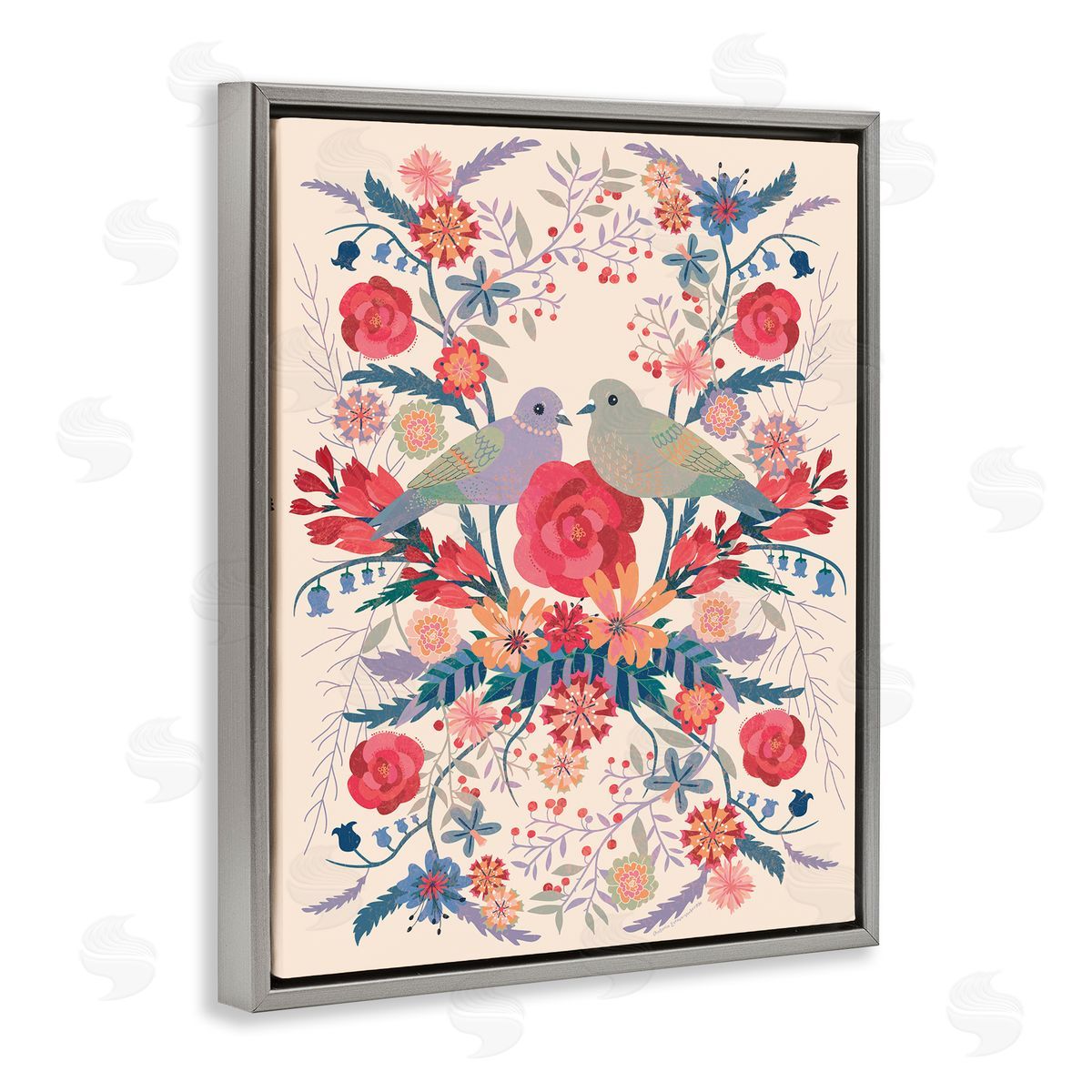 Verbrugge Watercolor Soft Symmetrical Florals & Birds Canvas Wall Art Print