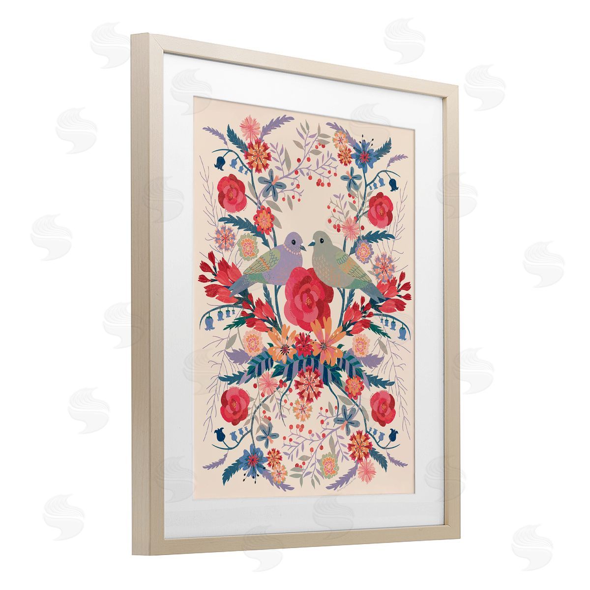 Verbrugge Watercolor Soft Symmetrical Florals & Birds Canvas Wall Art Print