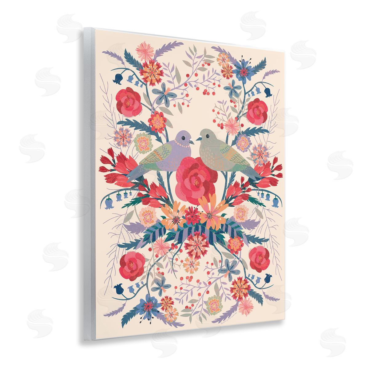 Verbrugge Watercolor Soft Symmetrical Florals & Birds Canvas Wall Art Print