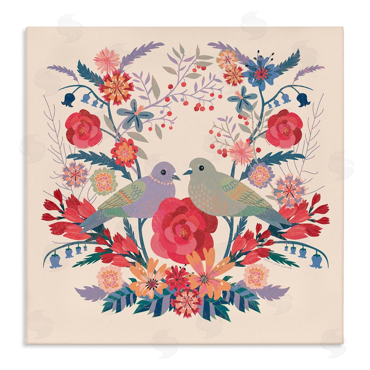 Symmetrical Folk Flowers & Birds Canvas Wall Art, Home Decor by Verbrugge Watercolor