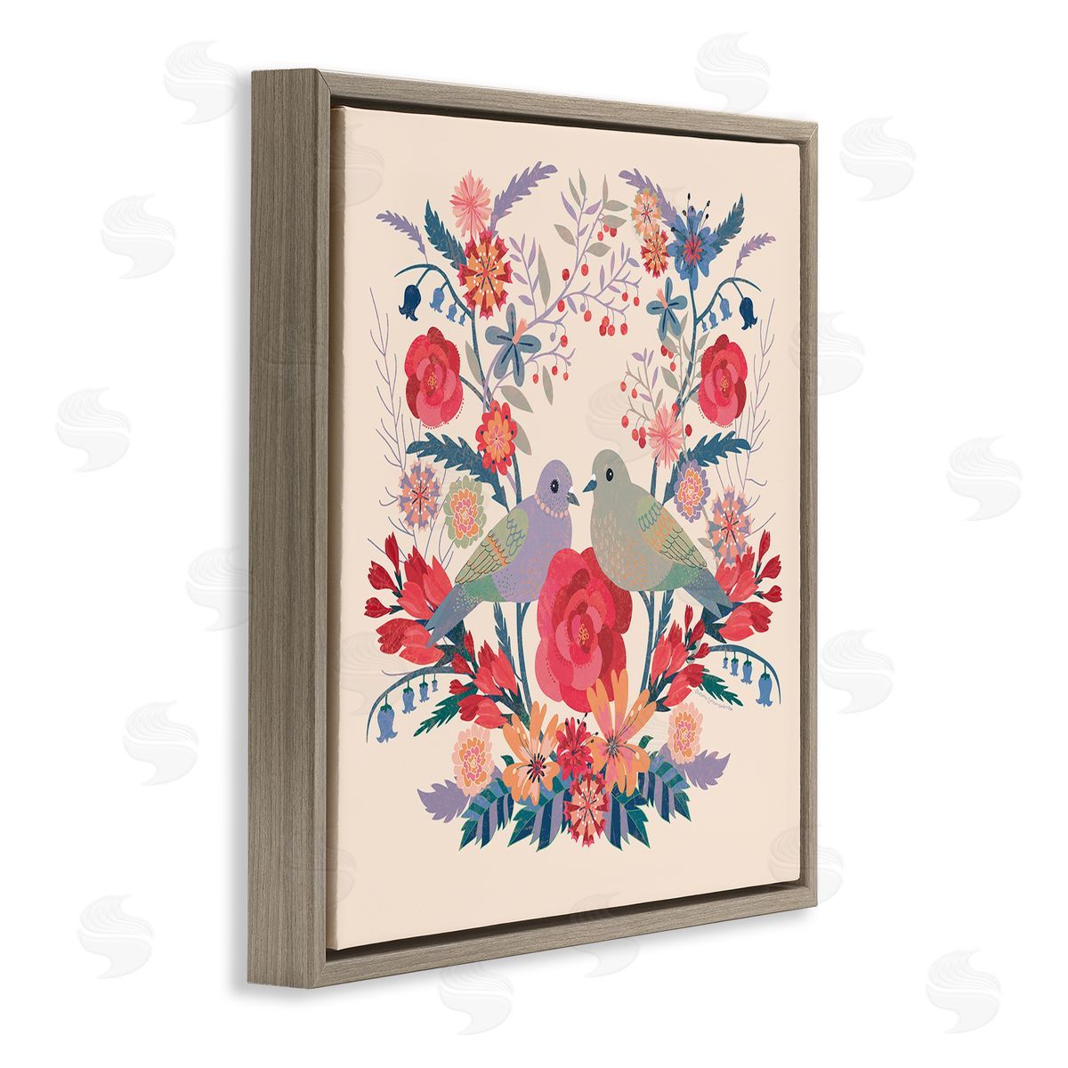 Symmetrical Folk Flowers & Birds Brown Floating Frame Canvas Wall Art, Home Decor by Verbrugge Watercolor