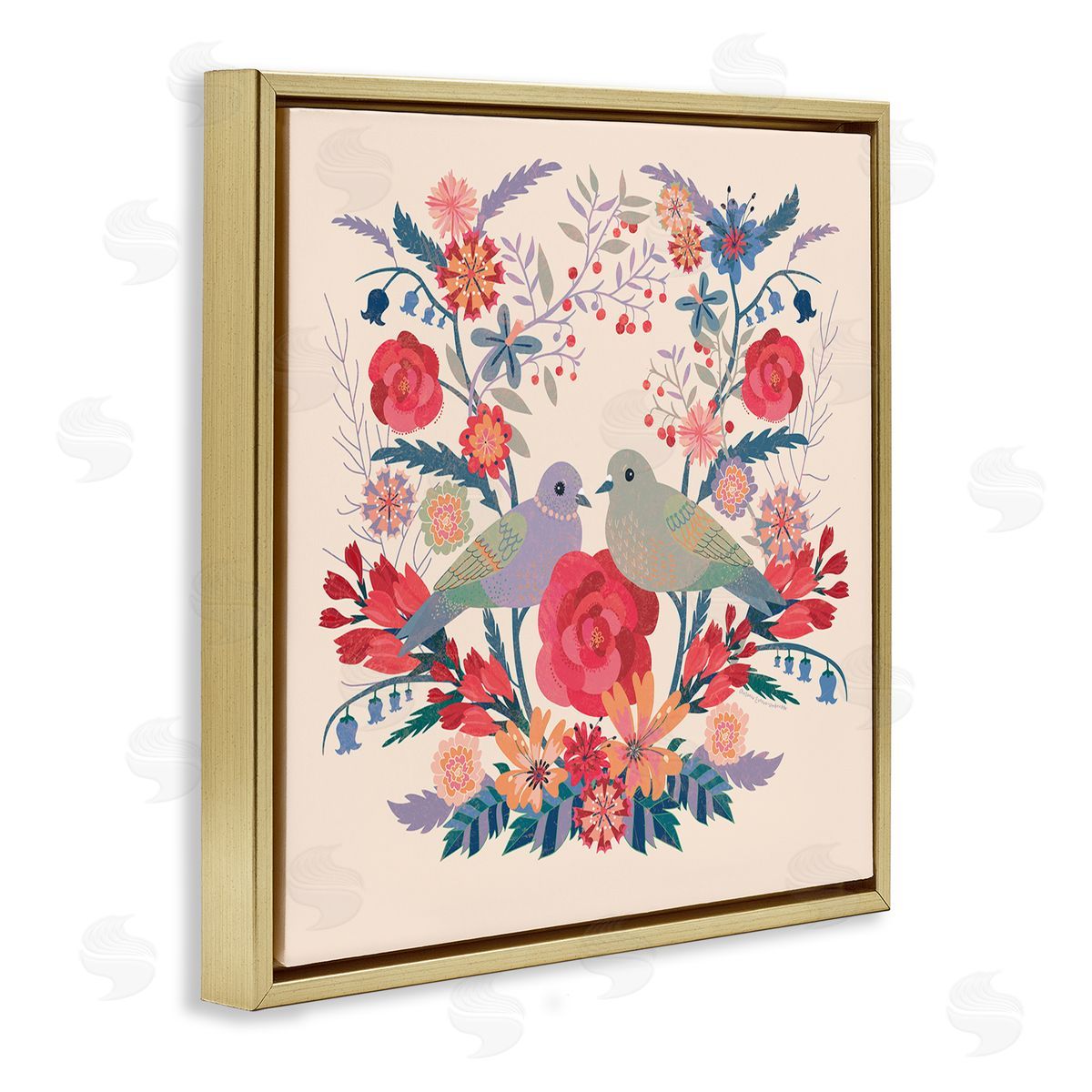 Symmetrical Folk Flowers & Birds Gold Floating Frame Canvas Wall Art, Home Decor by Verbrugge Watercolor