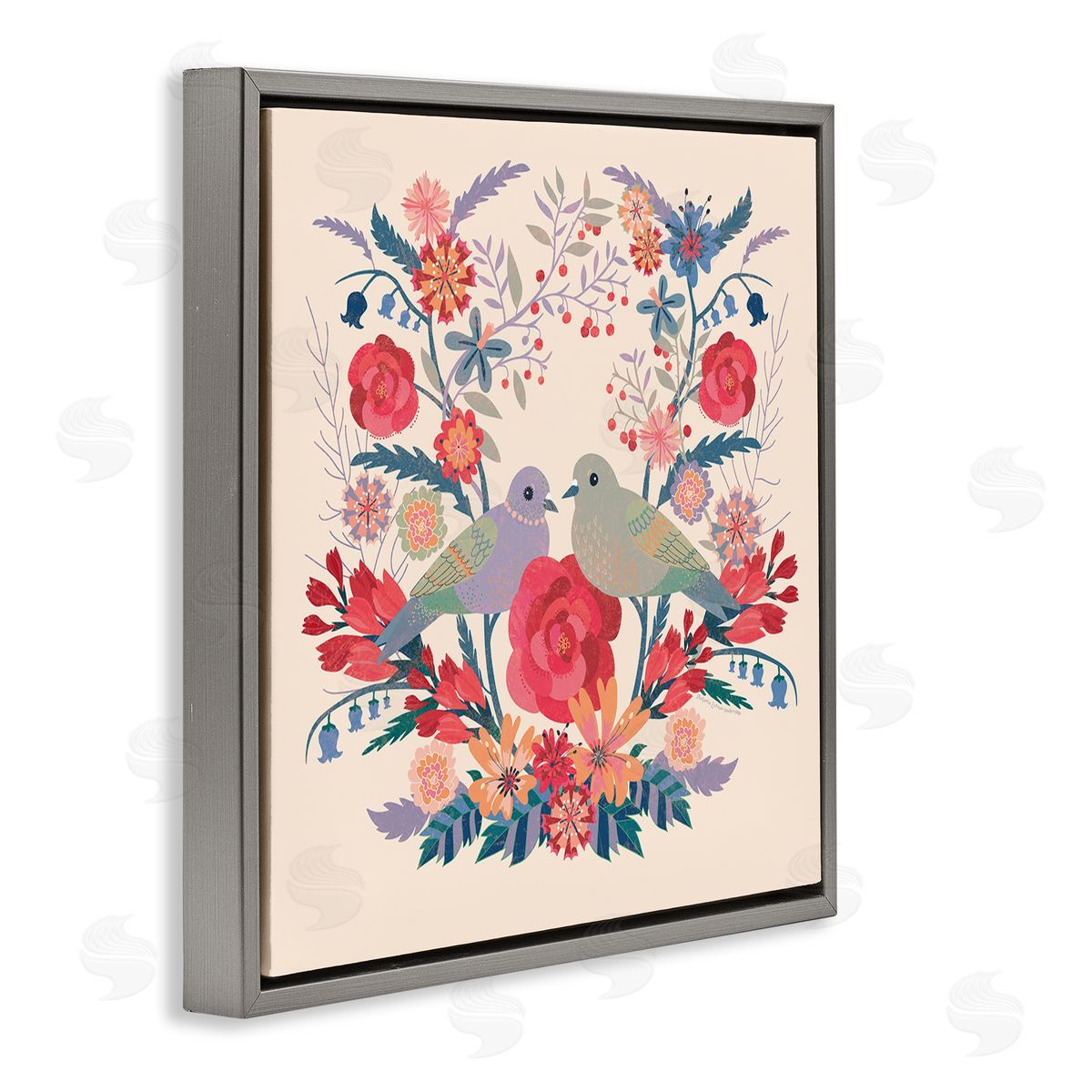 Symmetrical Folk Flowers & Birds Grey Floating Frame Canvas Wall Art, Home Decor by Verbrugge Watercolor