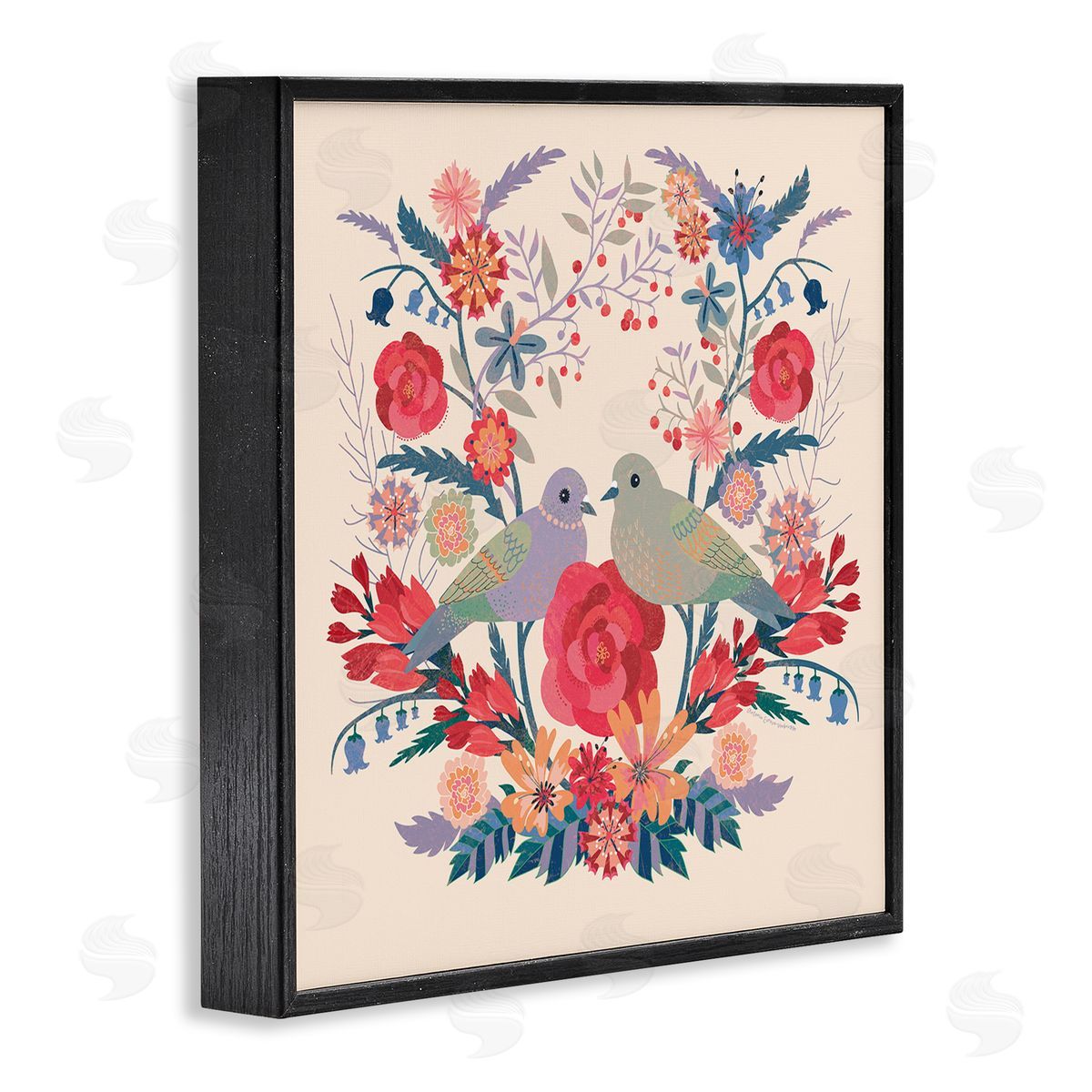 Symmetrical Folk Flowers & Birds Black Frame Print Wall Art, Home Decor by Verbrugge Watercolor