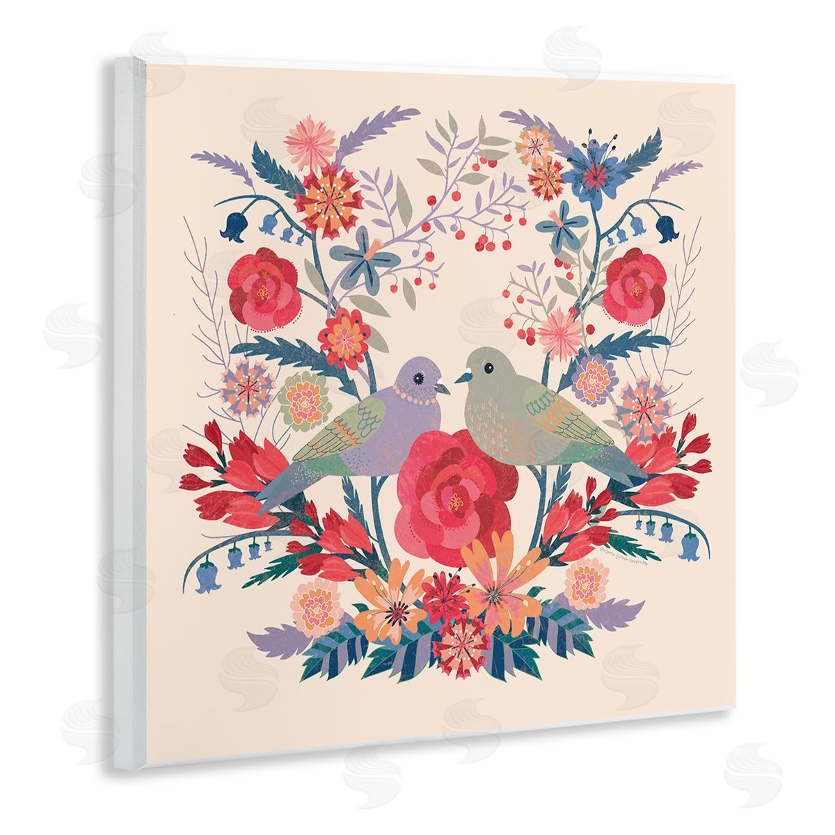 Symmetrical Folk Flowers & Birds Wood Plaque Wall Art, Home Decor by Verbrugge Watercolor
