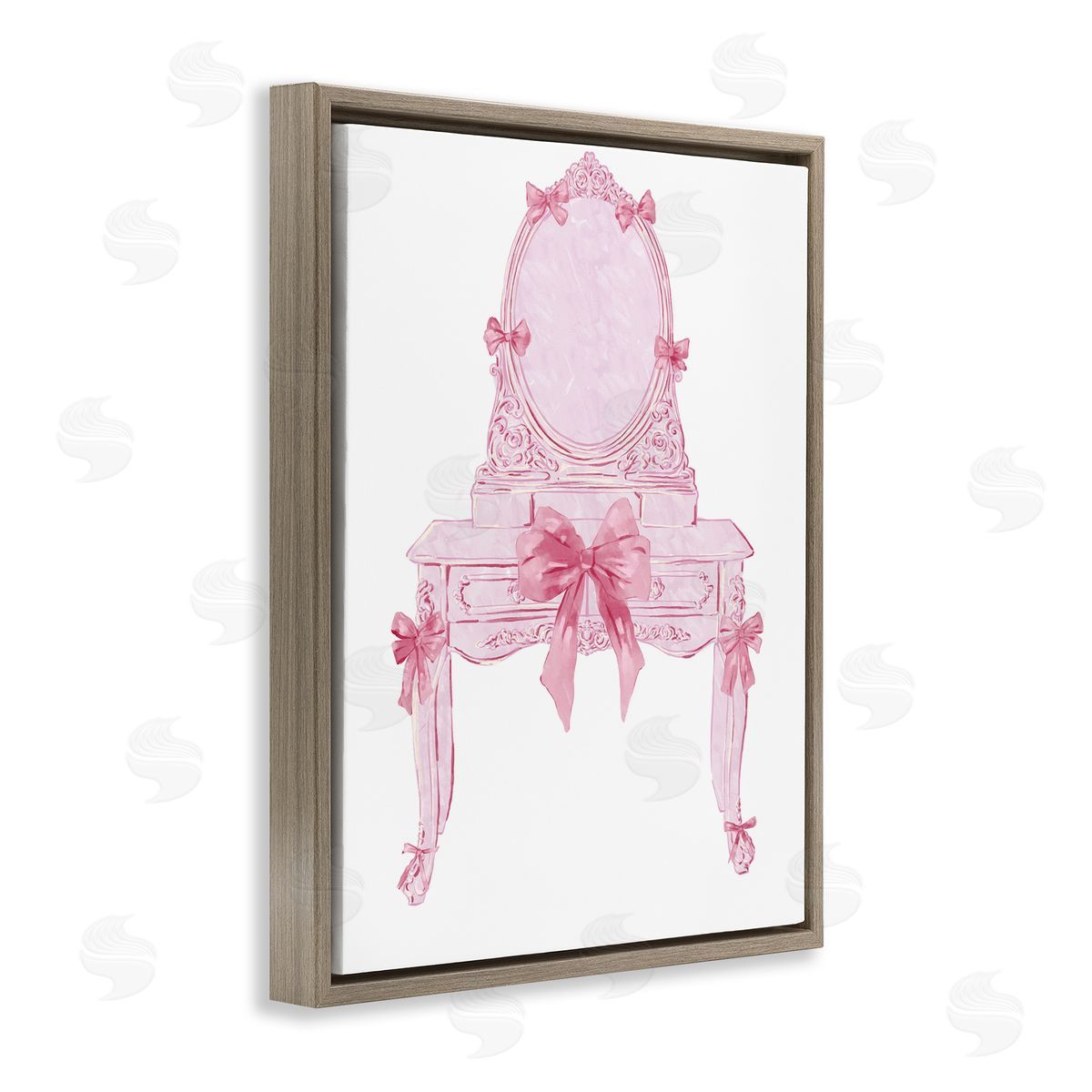 Lovely Pink Vanity with Bows Brown Floating Frame Canvas Wall Art, Home Decor by Ziwei Li