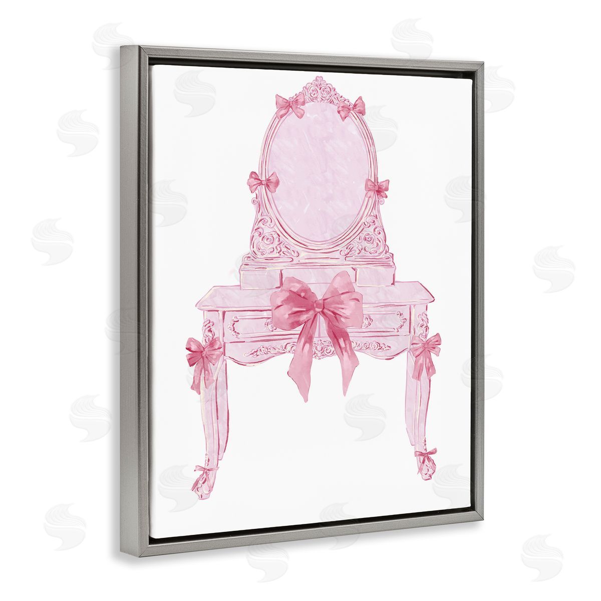 Lovely Pink Vanity with Bows Grey Floating Frame Canvas Wall Art, Home Decor by Ziwei Li