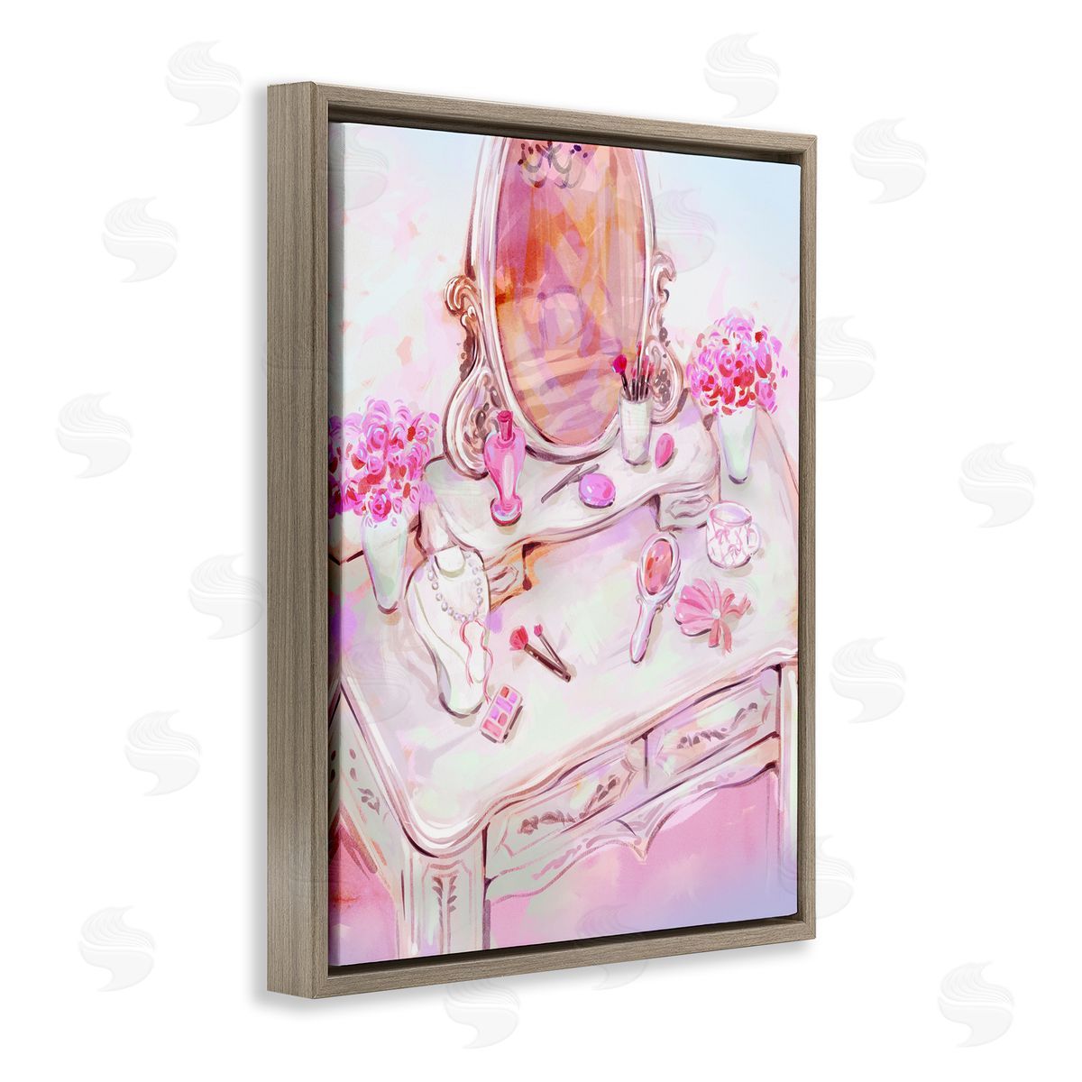Pastel Pink Vanity View Brown Floating Frame Canvas Wall Art, Home Decor by Ziwei Li