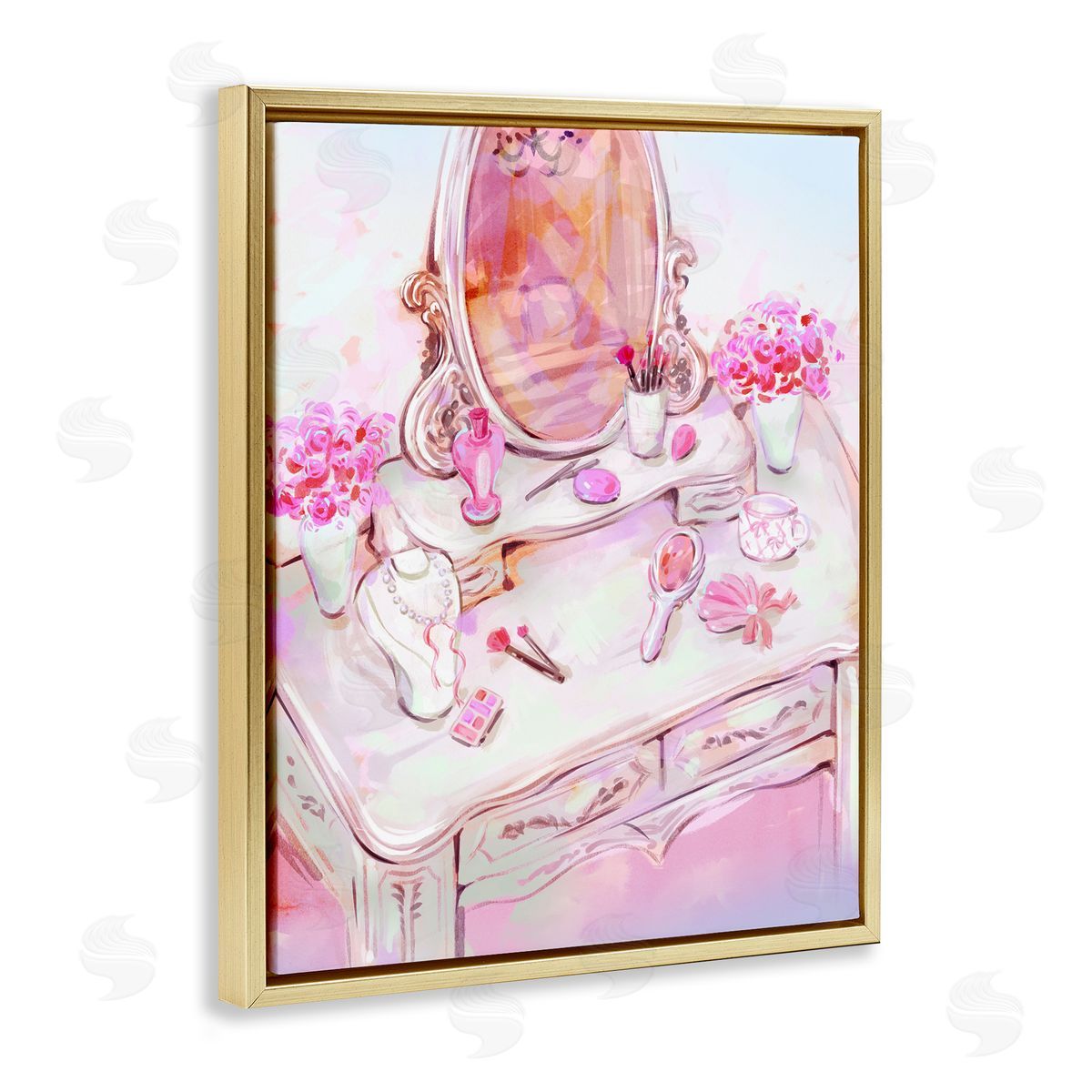 Pastel Pink Vanity View Gold Floating Frame Canvas Wall Art, Home Decor by Ziwei Li