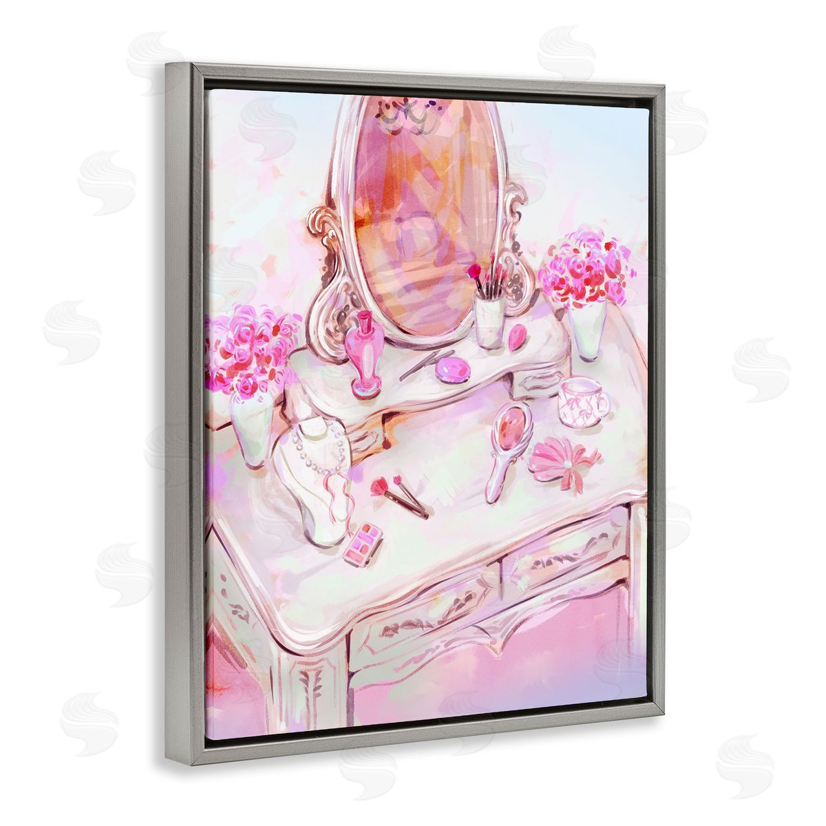 Pastel Pink Vanity View Grey Floating Frame Canvas Wall Art, Home Decor by Ziwei Li