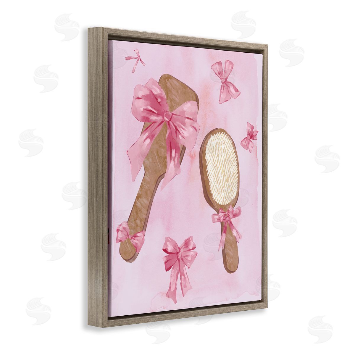 Lovely Pink Hairbrushes Brown Floating Frame Canvas Wall Art, Home Decor by Ziwei Li