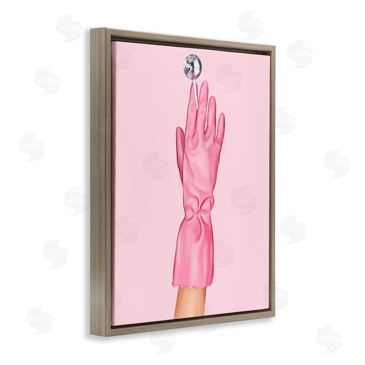 Pink Glove & Disco Ball Brown Floating Frame Canvas Wall Art, Home Decor by Ziwei Li