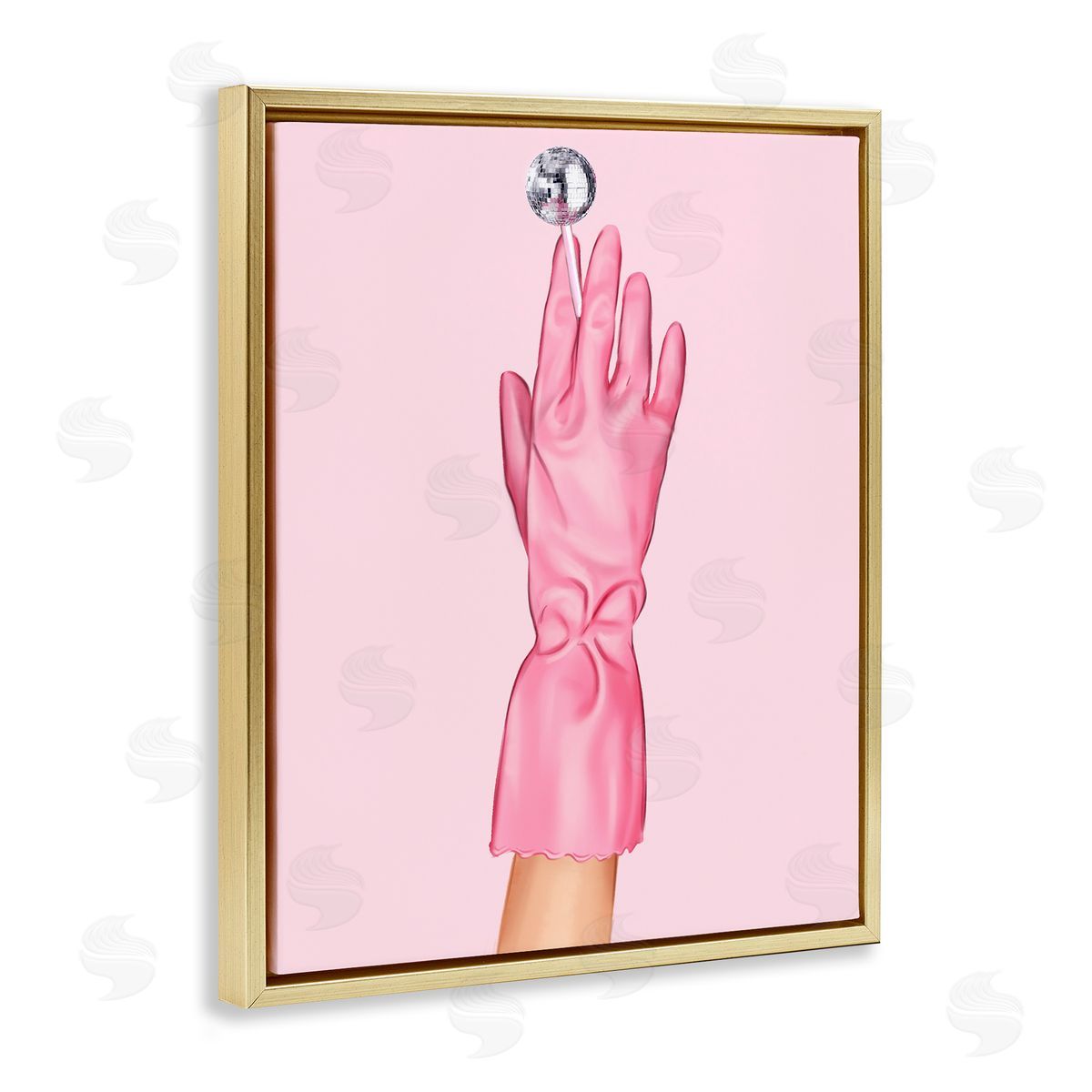 Pink Glove & Disco Ball Gold Floating Frame Canvas Wall Art, Home Decor by Ziwei Li