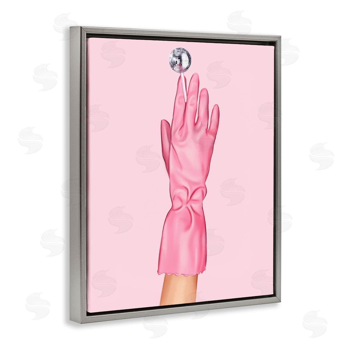 Pink Glove & Disco Ball Grey Floating Frame Canvas Wall Art, Home Decor by Ziwei Li