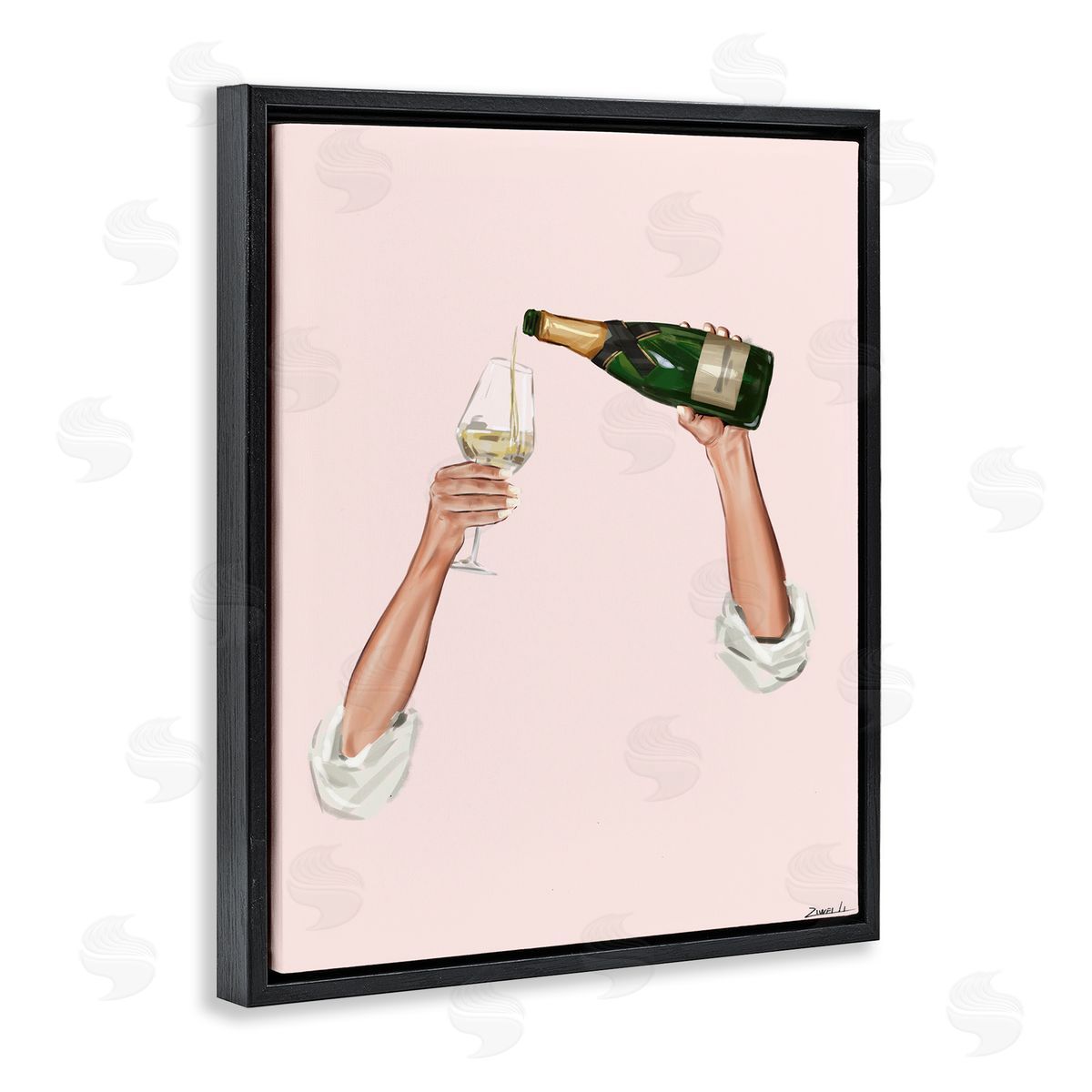 Champagne Pour on Pink Black Floating Frame Canvas Wall Art, Home Decor by Ziwei Li