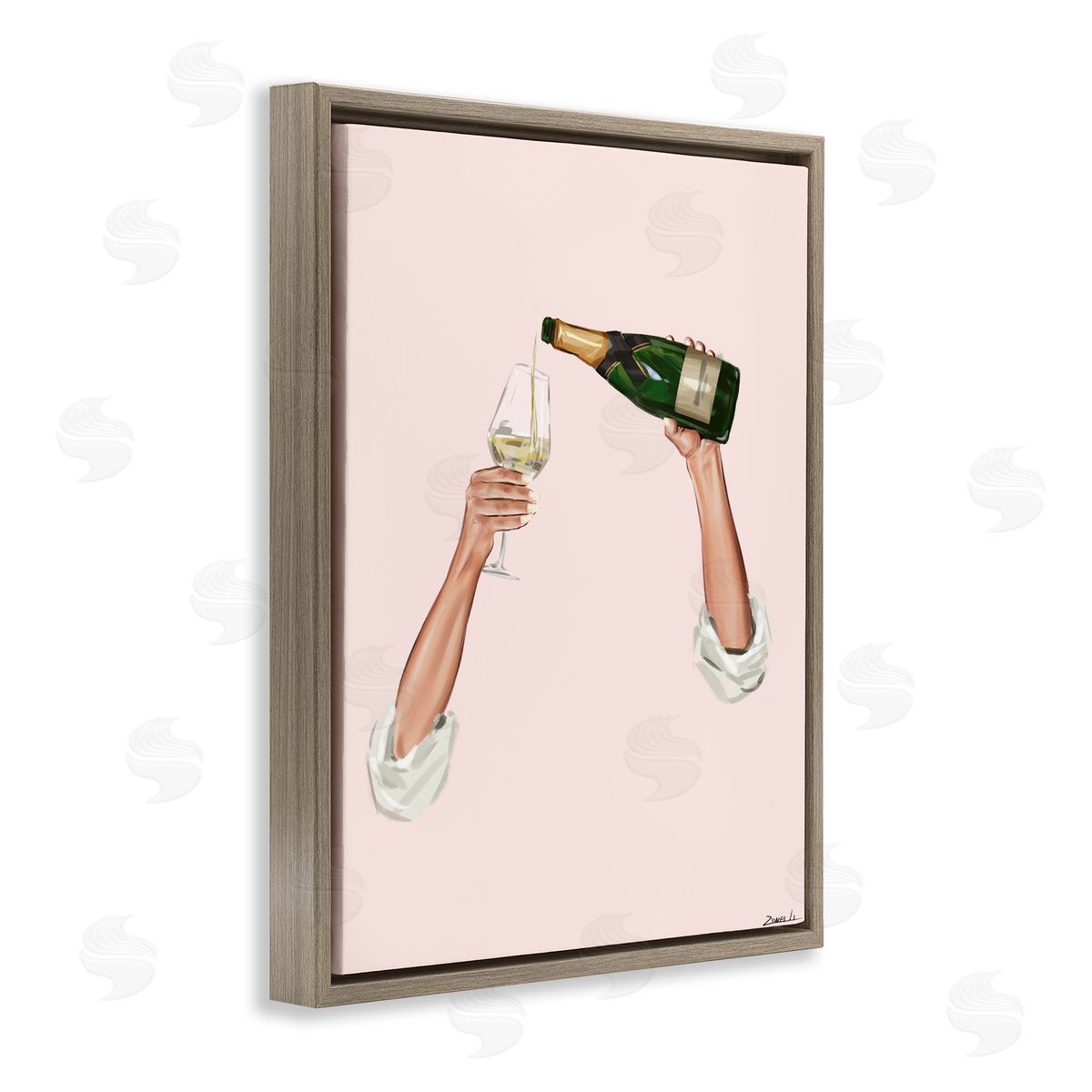 Champagne Pour on Pink Brown Floating Frame Canvas Wall Art, Home Decor by Ziwei Li