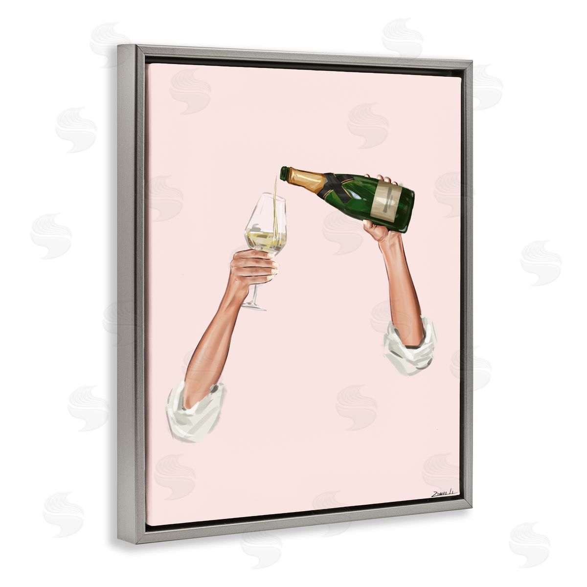 Champagne Pour on Pink Grey Floating Frame Canvas Wall Art, Home Decor by Ziwei Li