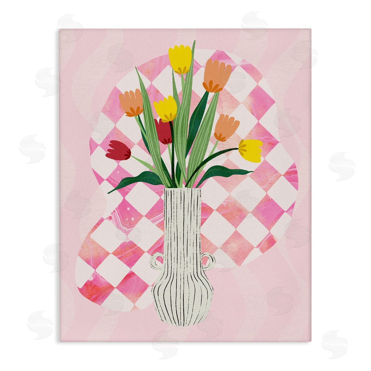 Yellow Tulip Vase on Checkered Canvas Wall Art, Home Decor by Ziwei Li