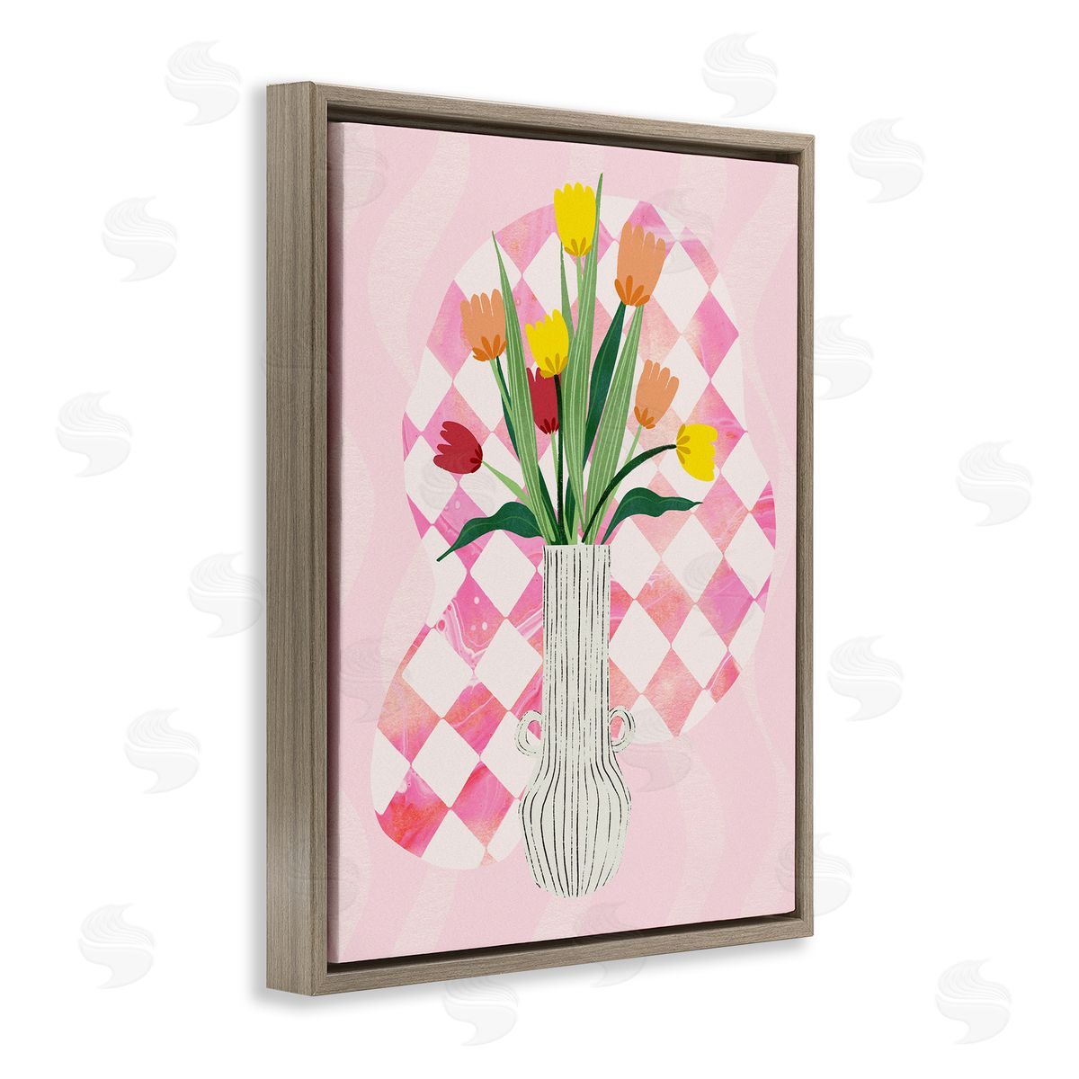 Yellow Tulip Vase on Checkered Brown Floating Frame Canvas Wall Art, Home Decor by Ziwei Li