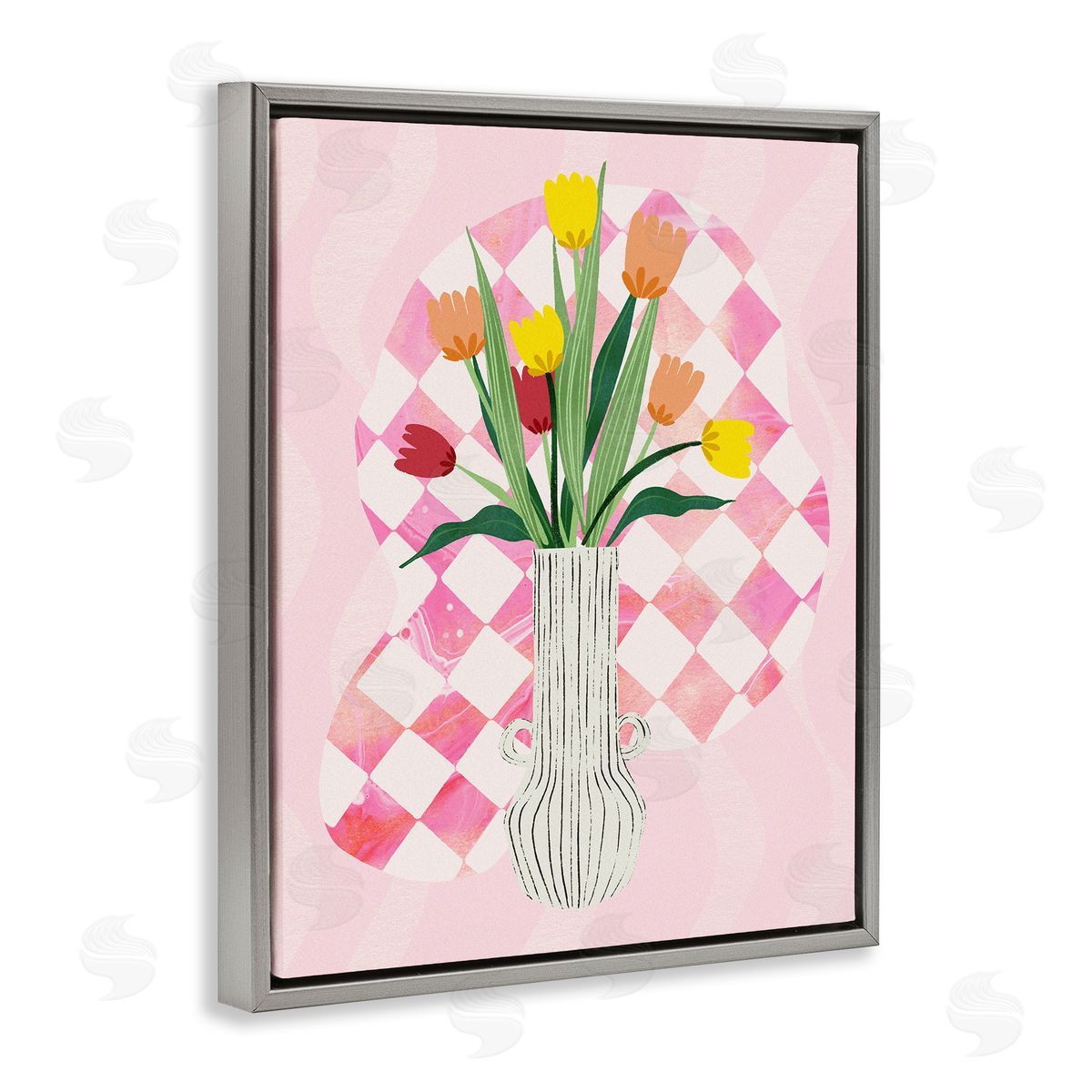 Yellow Tulip Vase on Checkered Grey Floating Frame Canvas Wall Art, Home Decor by Ziwei Li
