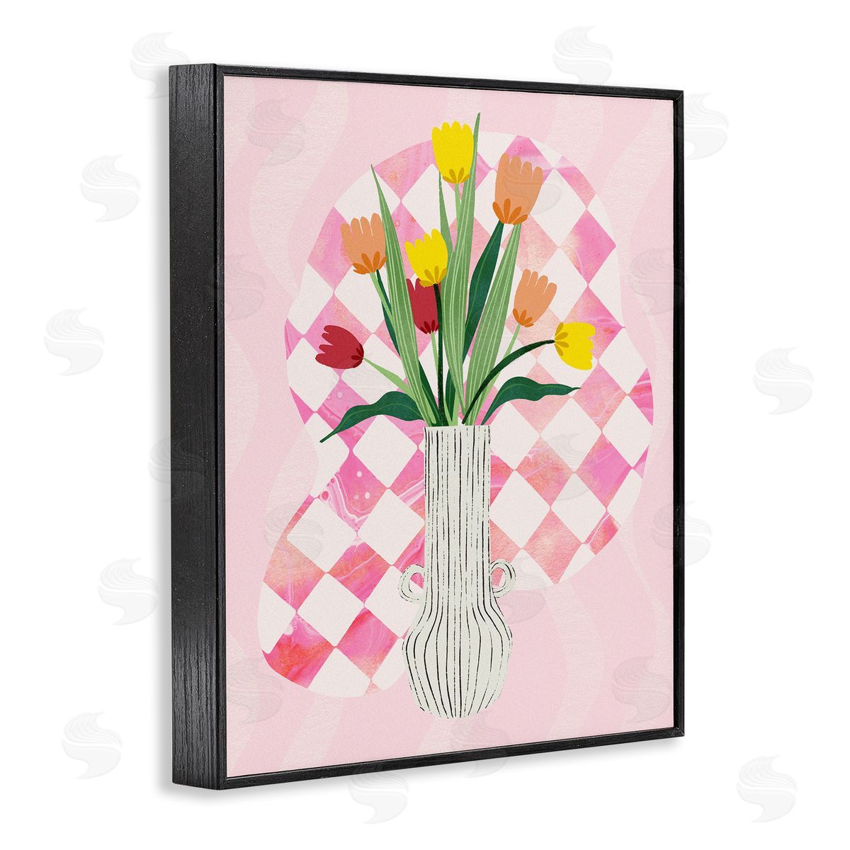 Yellow Tulip Vase on Checkered Black Frame Print Wall Art, Home Decor by Ziwei Li