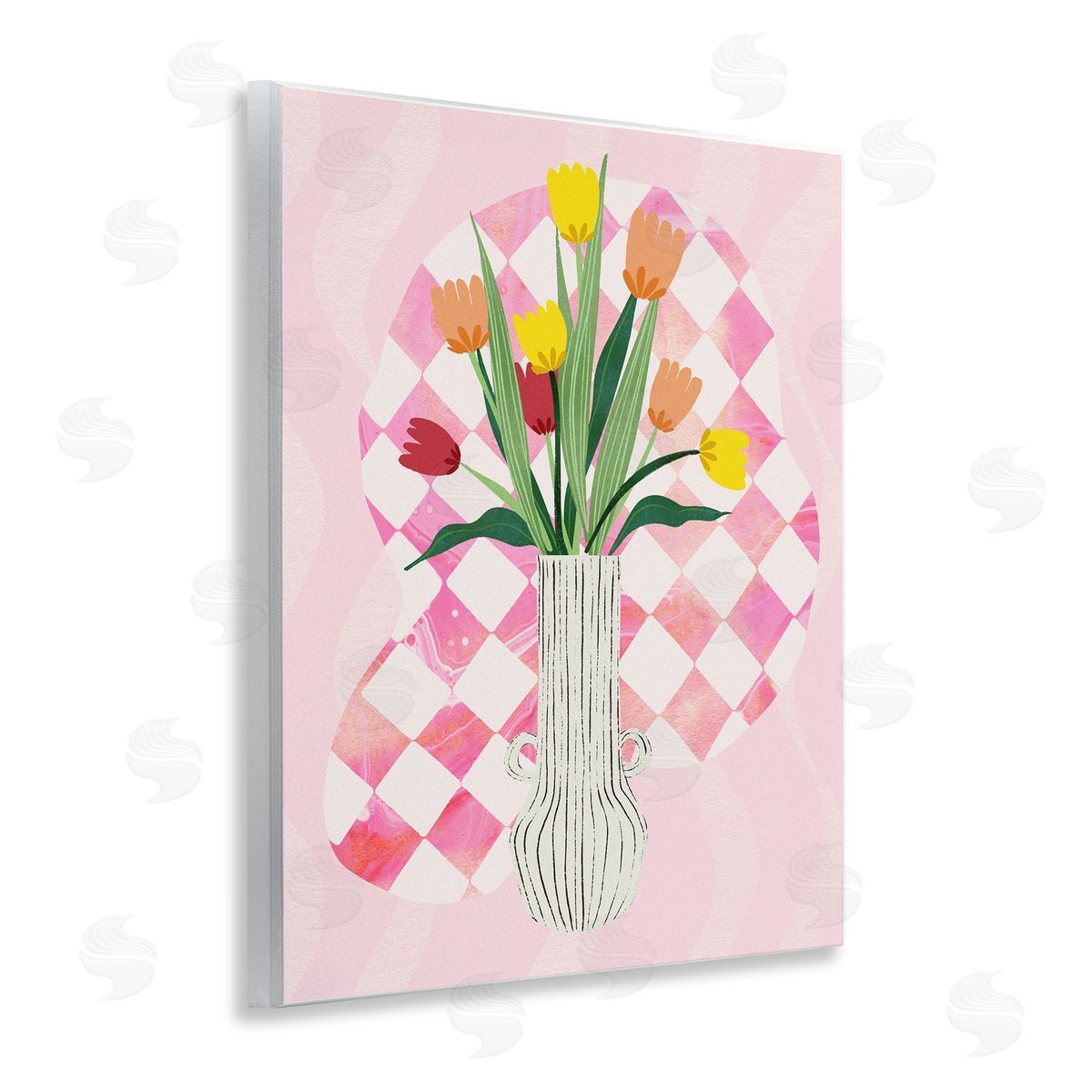 Yellow Tulip Vase on Checkered Wood Plaque Wall Art, Home Decor by Ziwei Li