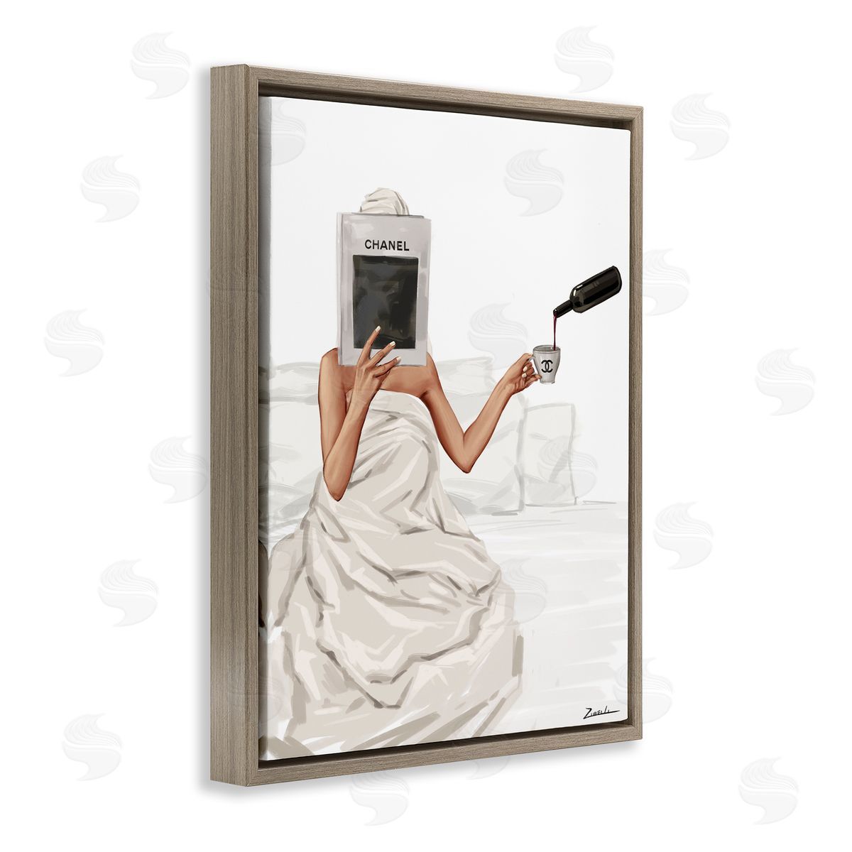 Pouring Drink in Bed Brown Floating Frame Canvas Wall Art, Home Decor by Ziwei Li