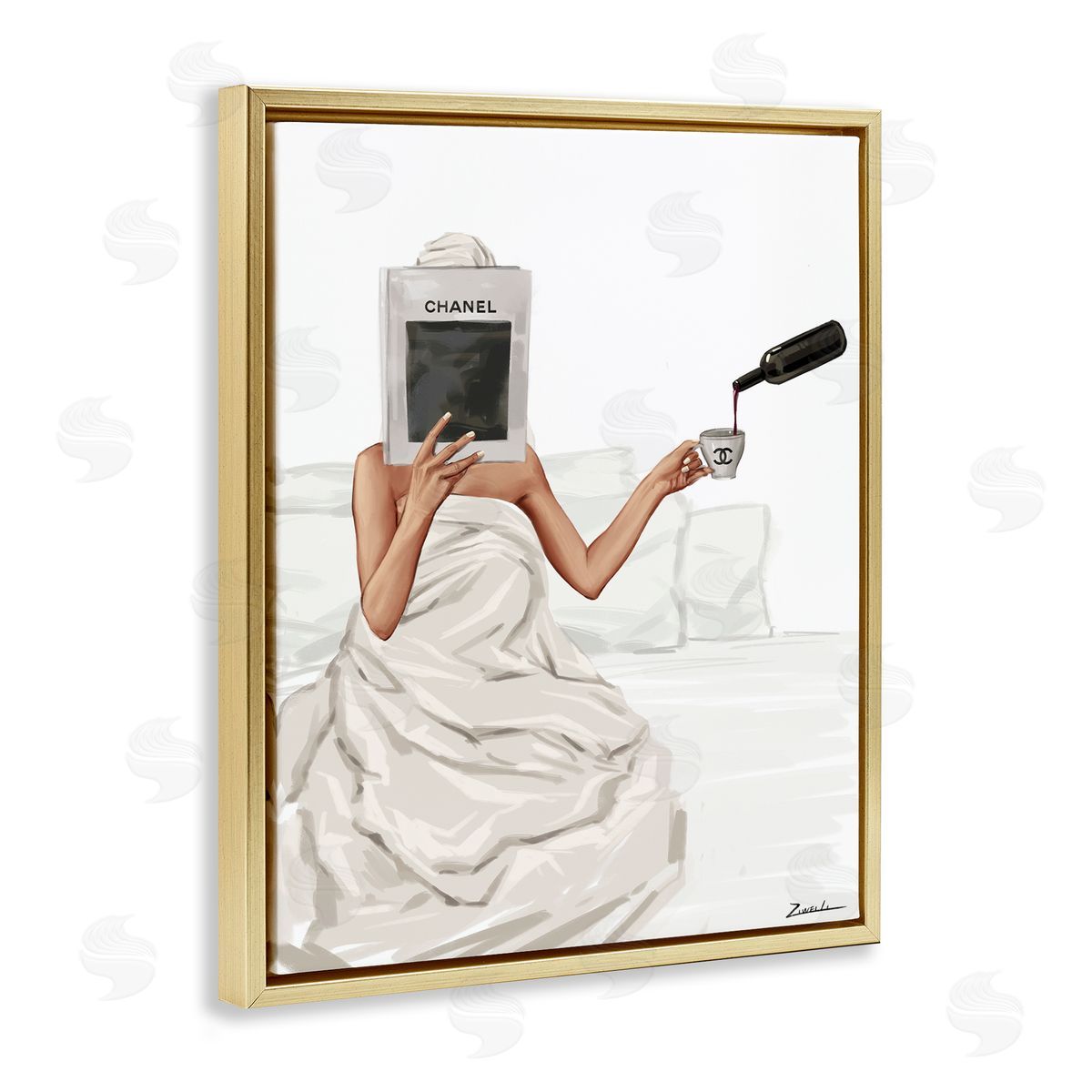Pouring Drink in Bed Gold Floating Frame Canvas Wall Art, Home Decor by Ziwei Li